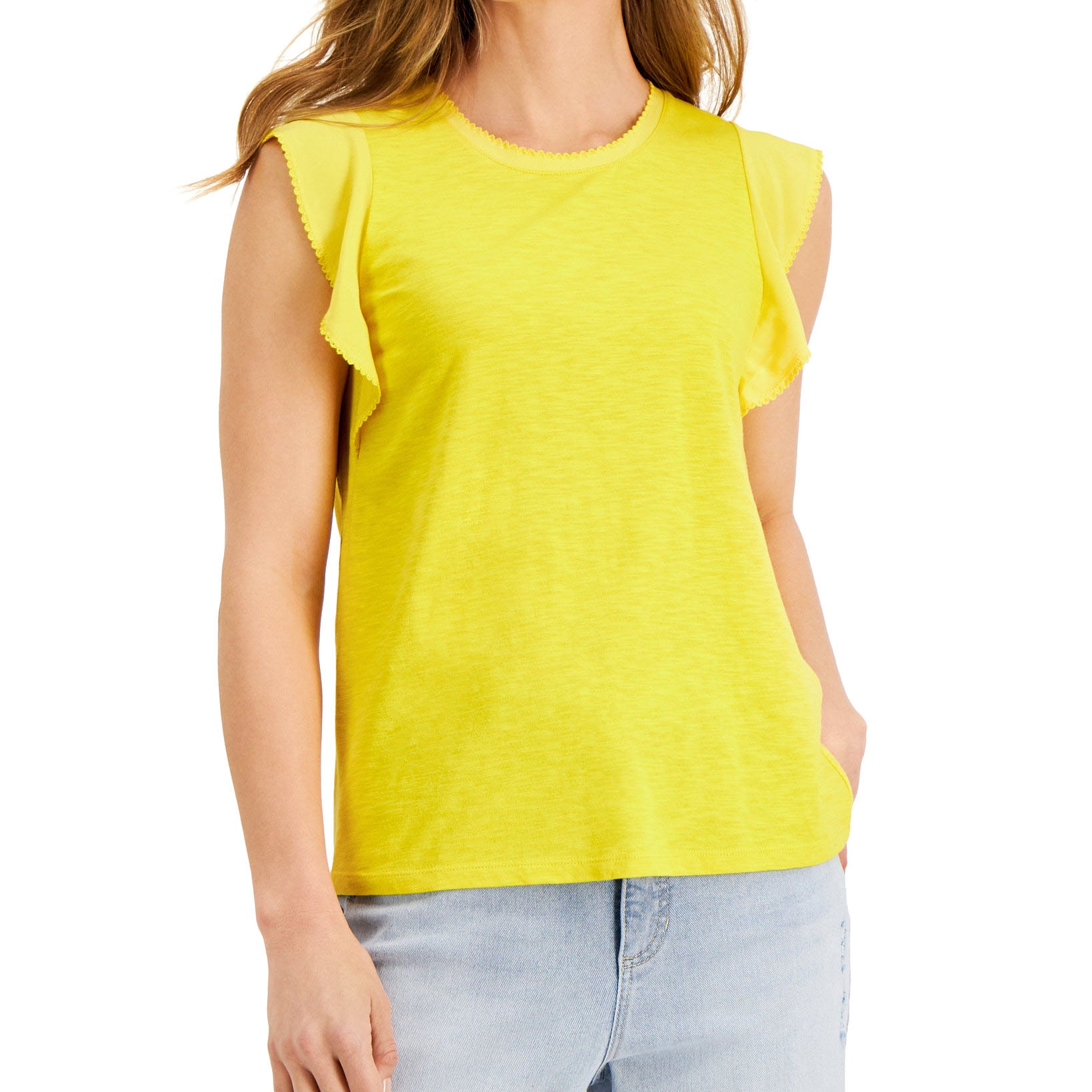 Style & Co Women Mixed Media Flutter Sleeve Top Daisy Daze