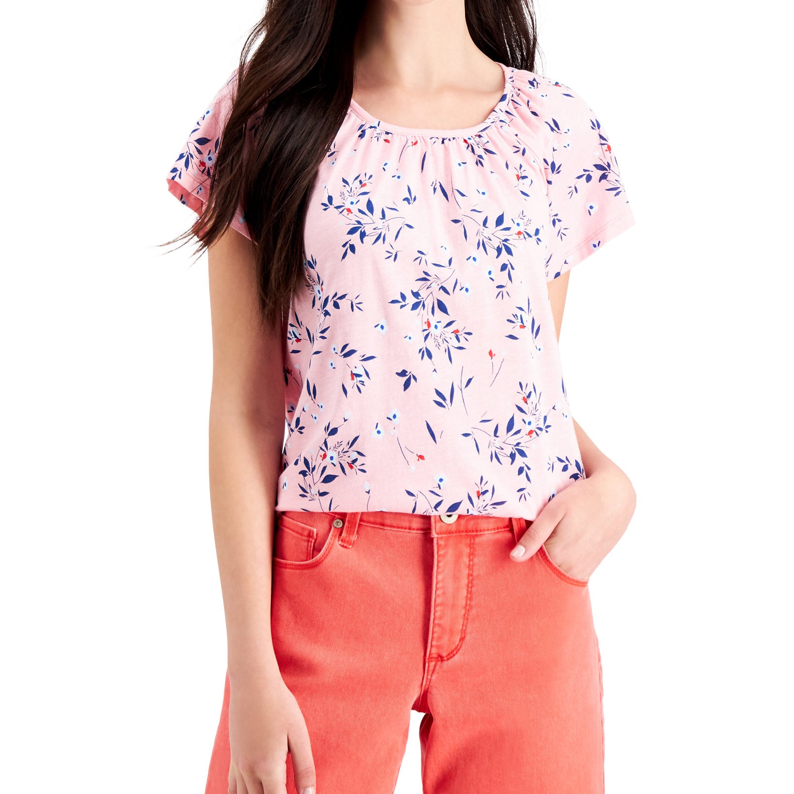 Style & Co Women Petite Pleated Floral Print Top Confetti Pink