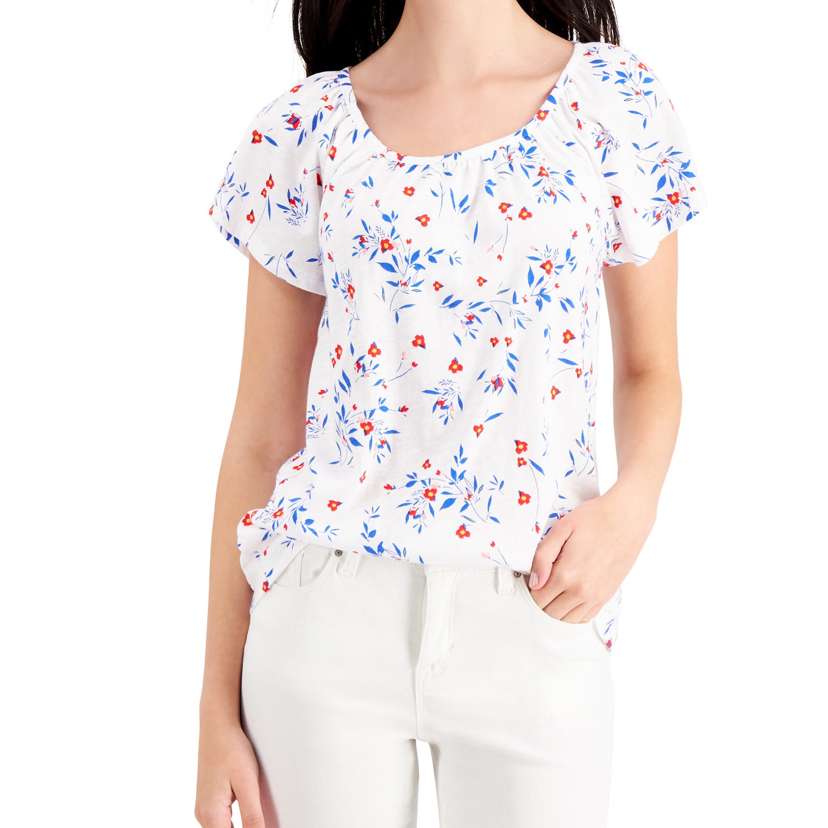 Style & Co Women Petite Pleated Floral Print Top Confetti White