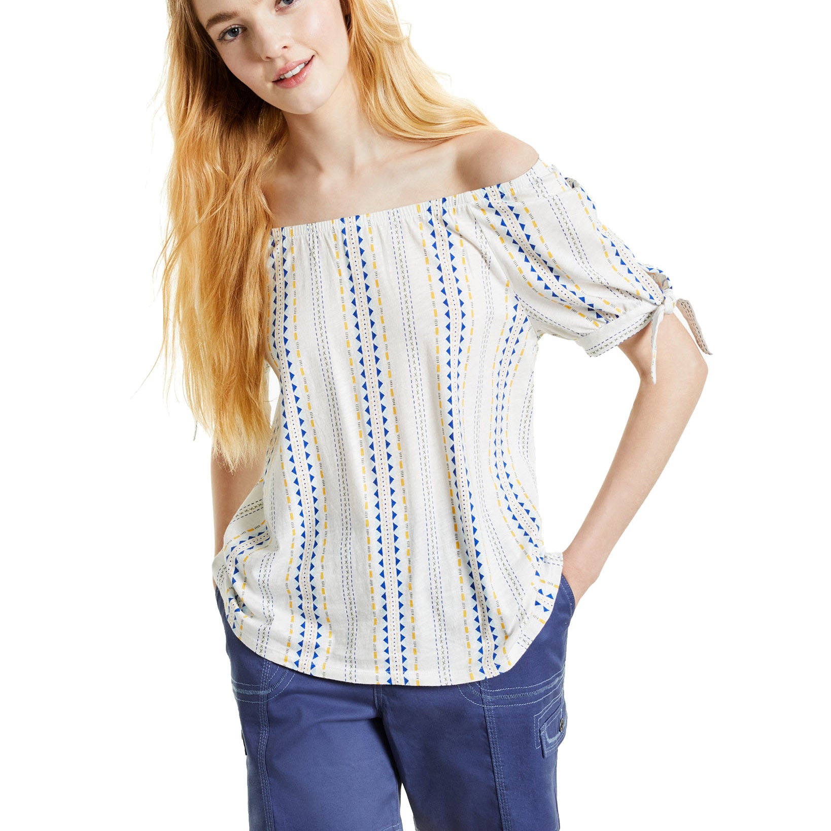 Style & Co Women Printed Tie Cuff Top Stamp Stripe