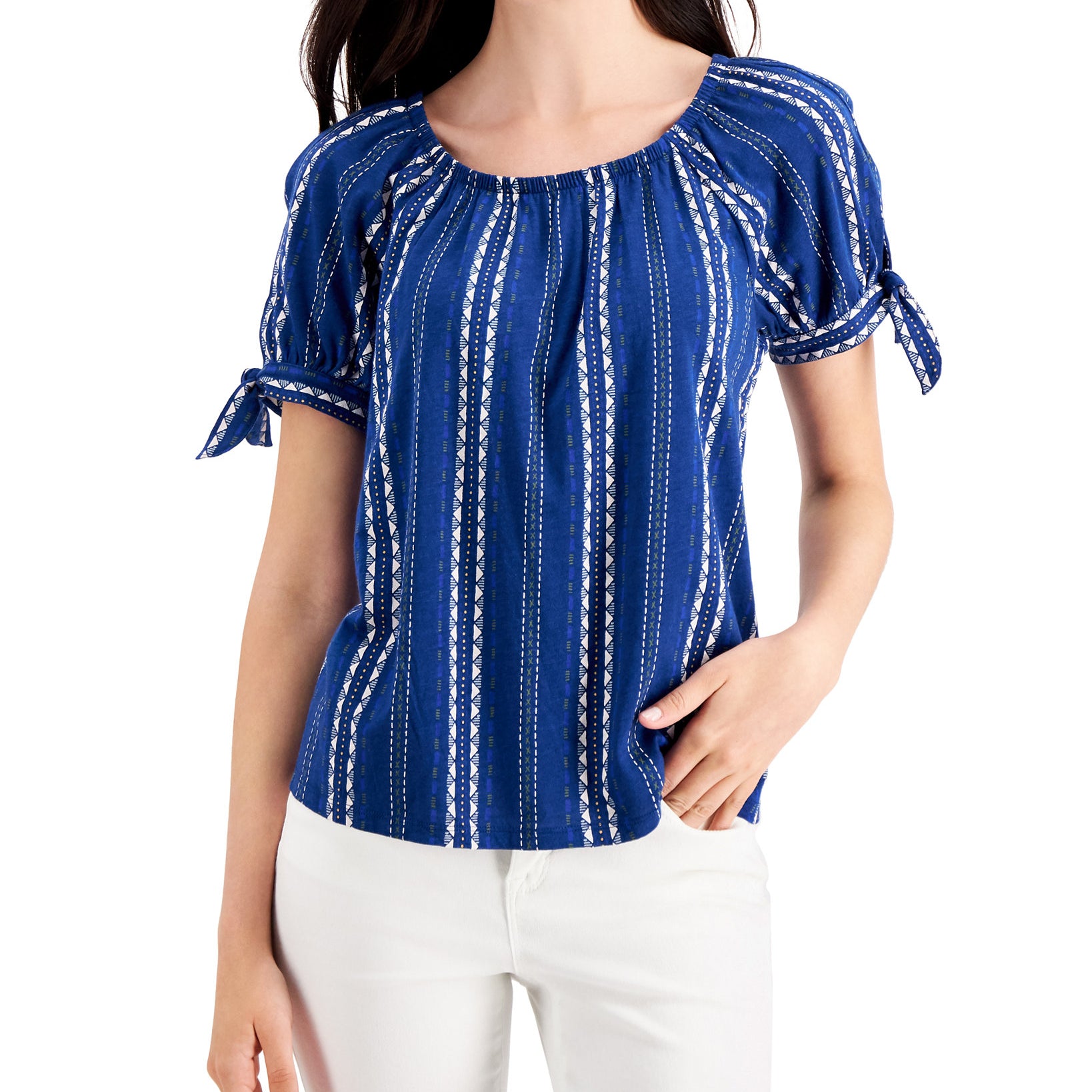 Style & Co Women Printed Tie Cuff Top Stamp Stripe Blue