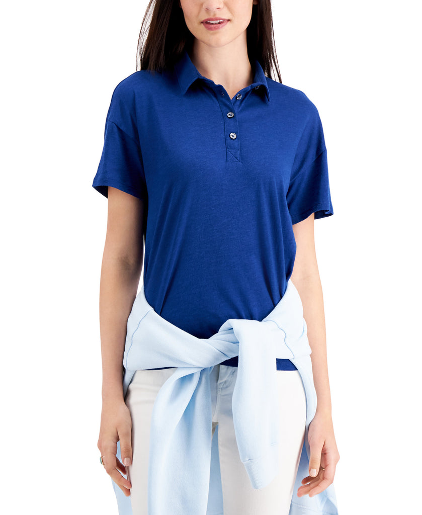 Style & Co Women Petite Polo Shirt Navy Peony