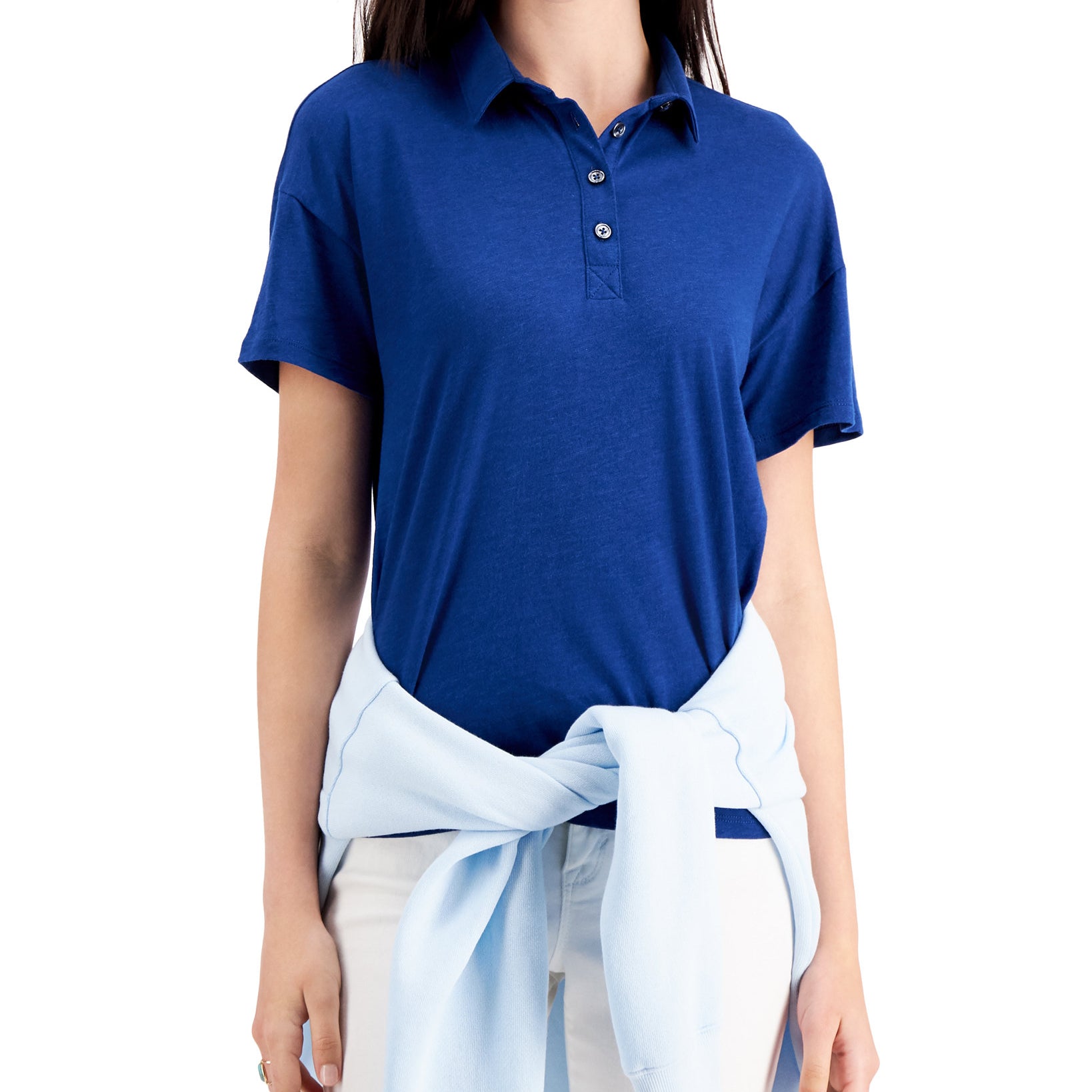 Style & Co Women Polo Top Navy Peony