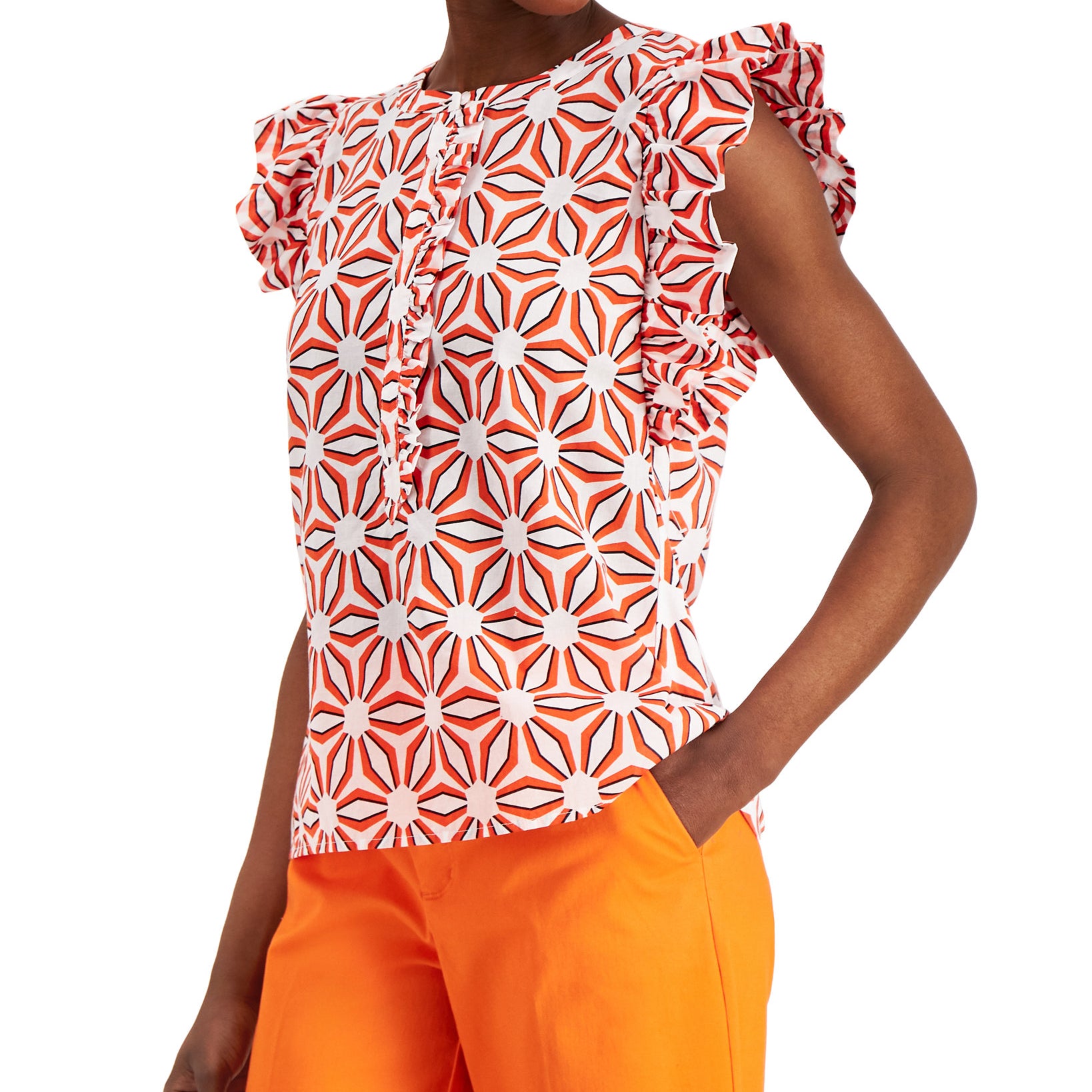 Charter Club Women Petite Printed Ruffle Sleeve Shirt Bright White Combo