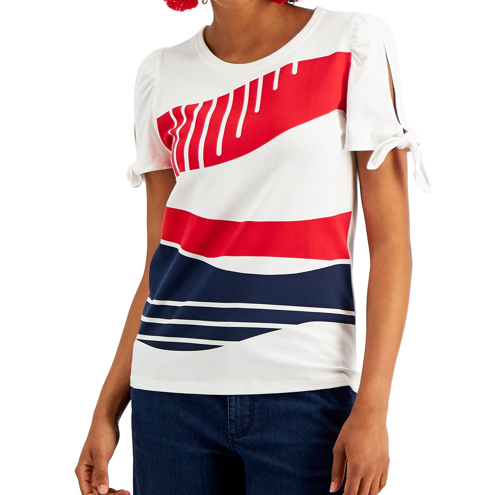 Charter Club Women Petite Abstract Print T Shirt Bright White Combo