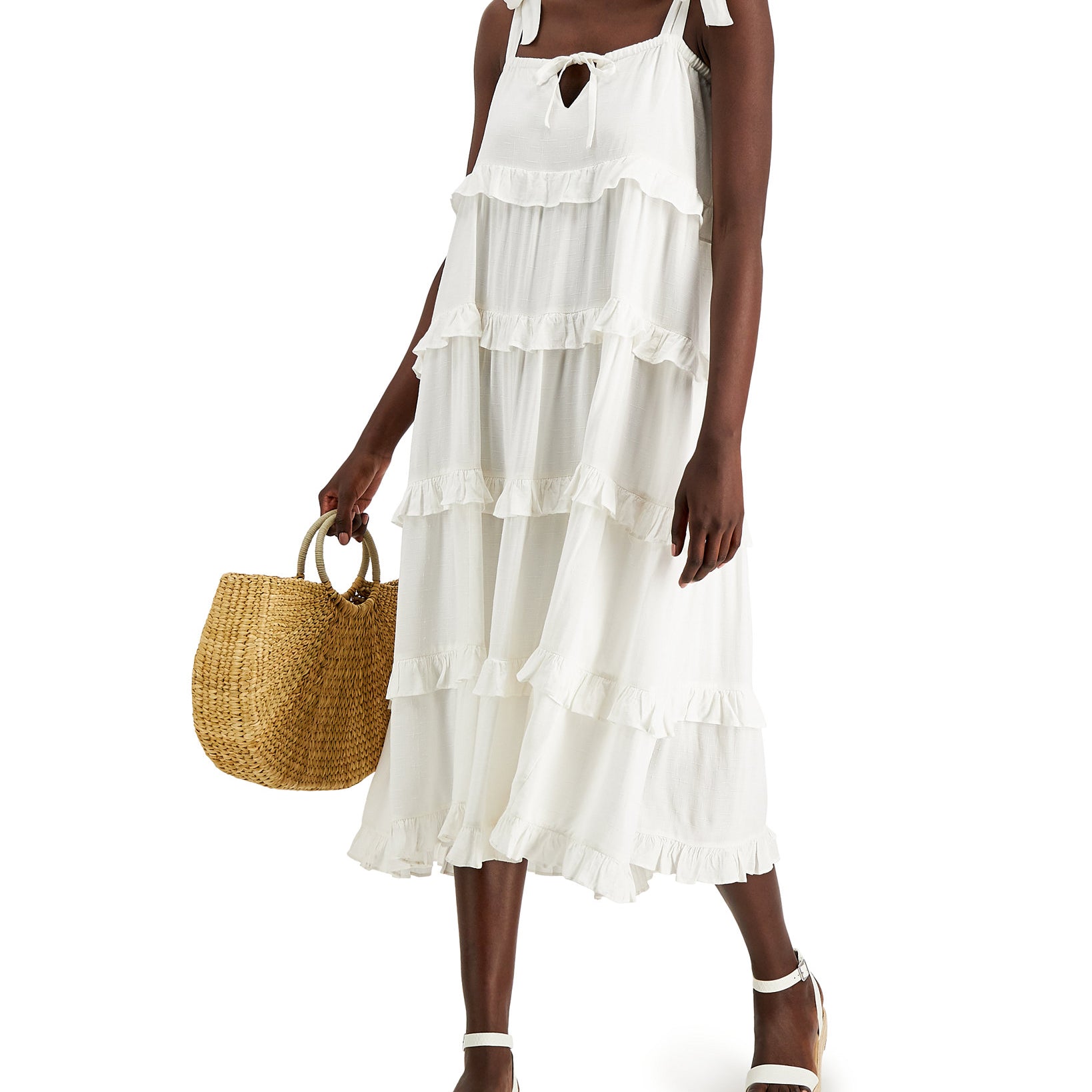 INC International Concepts Women Tiered Midi Dress Bright White