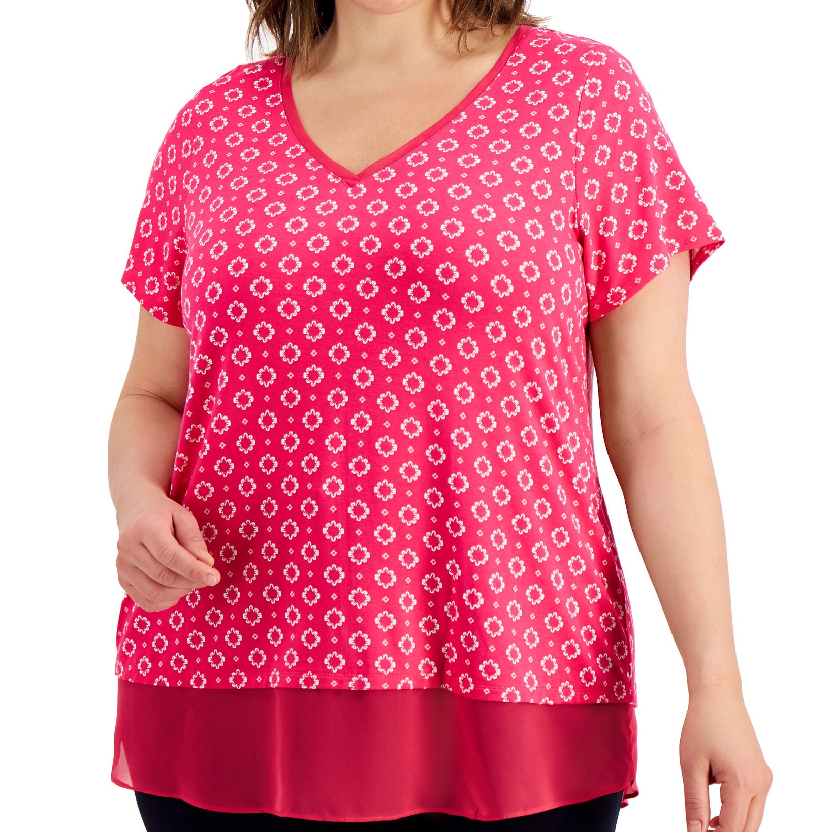 JM Collection Women Plus Mina Contrast Trim Top Berry Sorbet