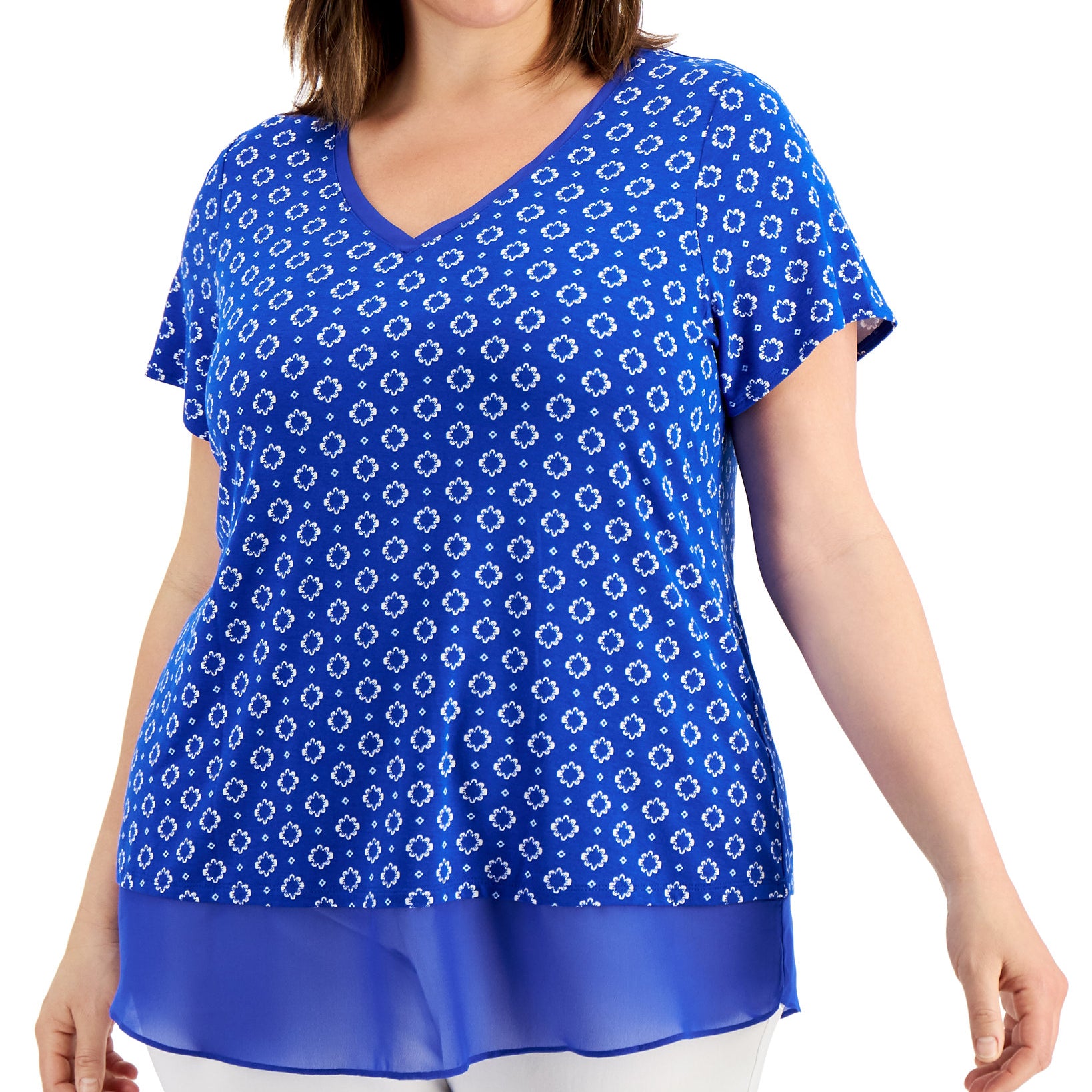 JM Collection Women Plus Mina Contrast Trim Top Deep Cobalt