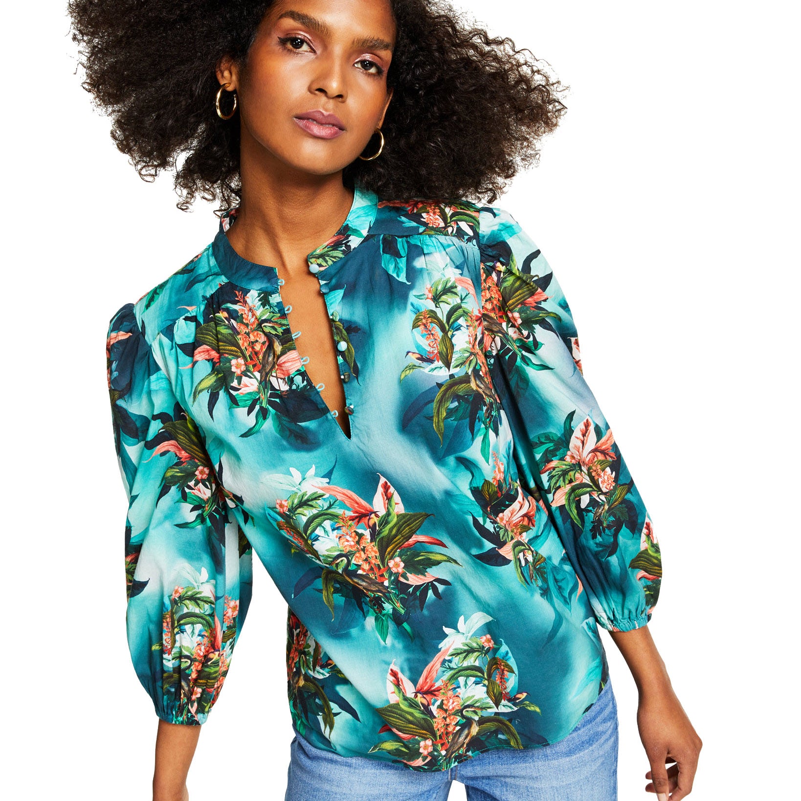 INC International Concepts Women Plus Cotton Tropical Print Blouse Rada Garden