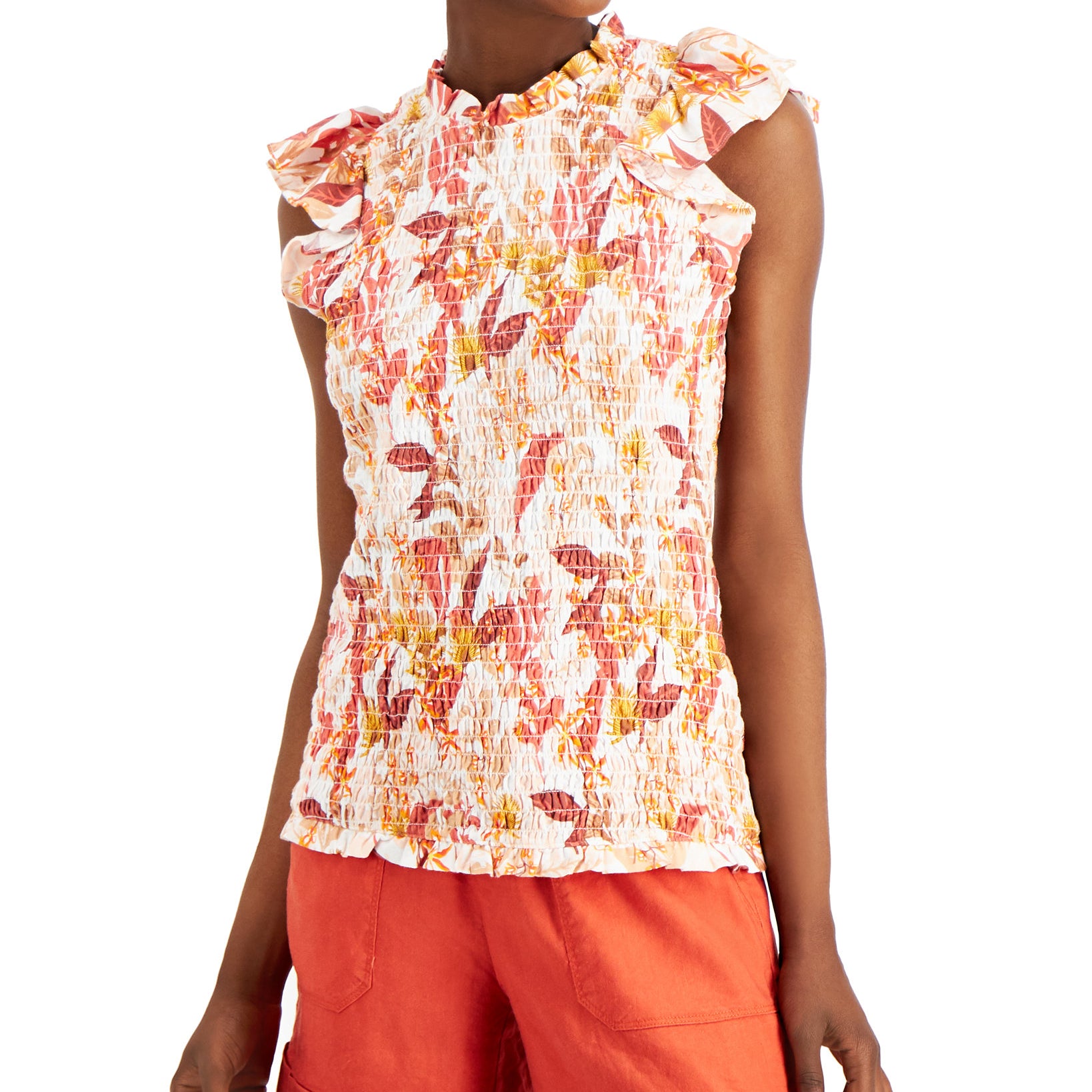 INC International Concepts Women Plus Printed Smocked Sleeveless Top Kauai Blooms