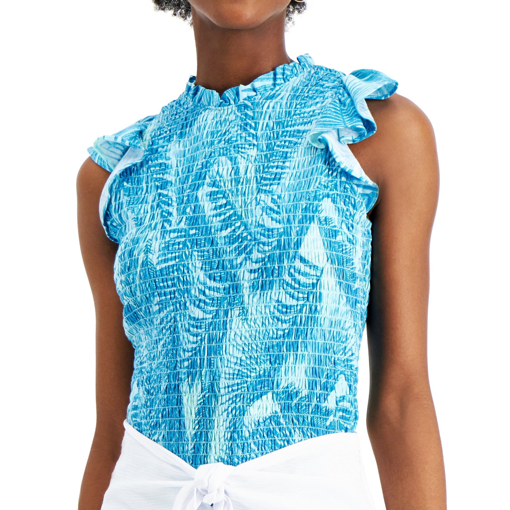 INC International Concepts Women Tropical Print Smocked Top