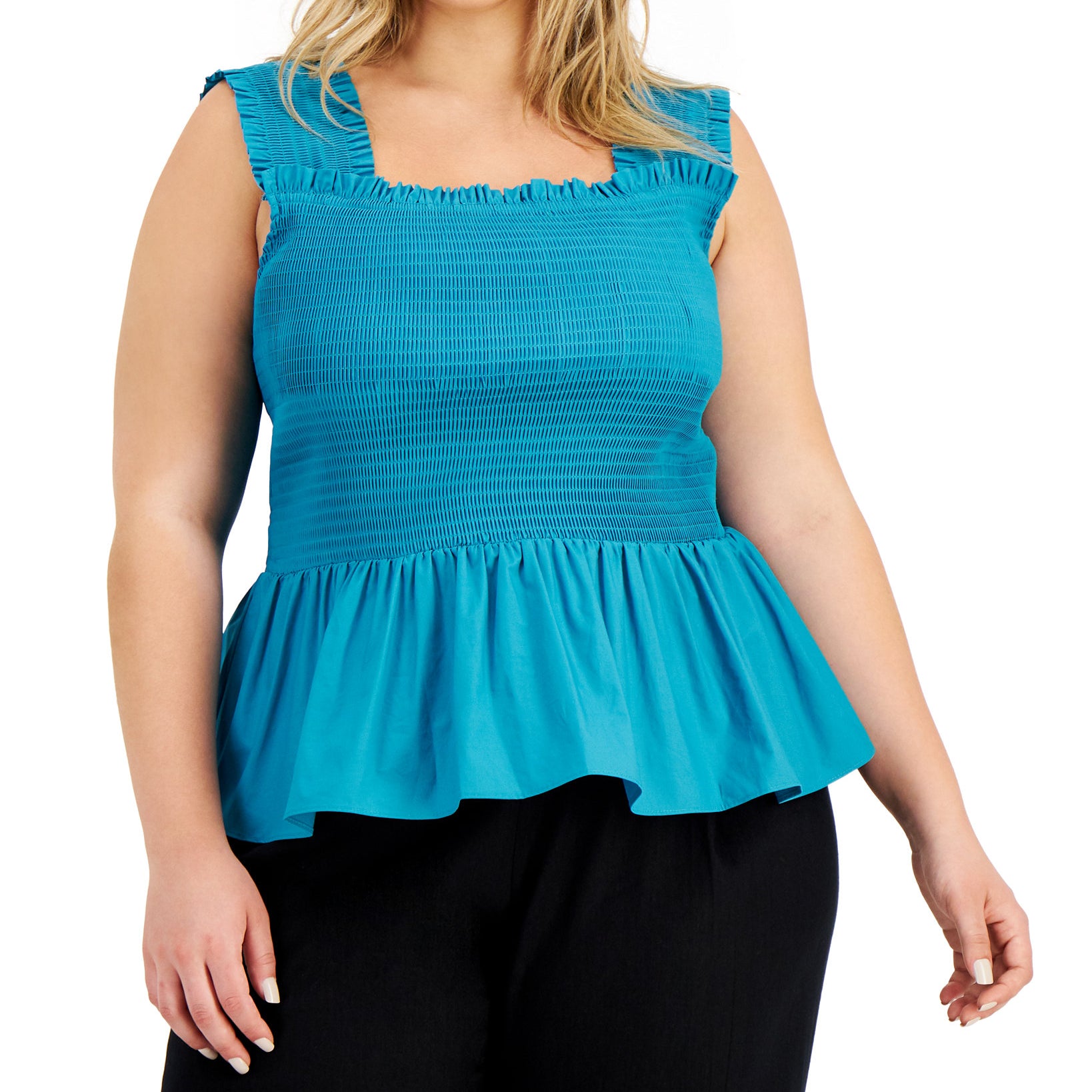 INC International Concepts Women Plus Smocked Waist Peplum Top Aztec Teal