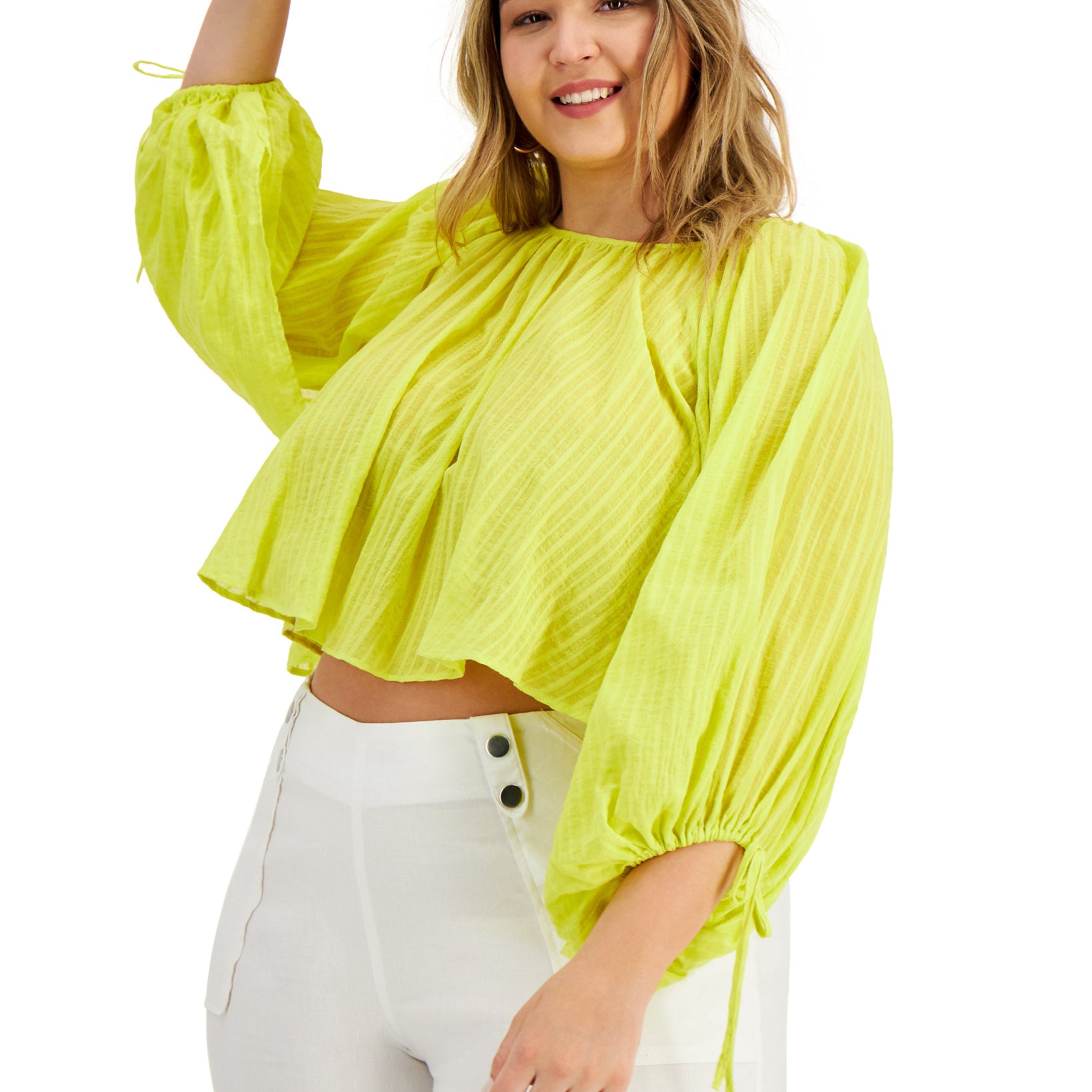 INC International Concepts Women Plus Cotton Cropped Peasant Top Lime Shock