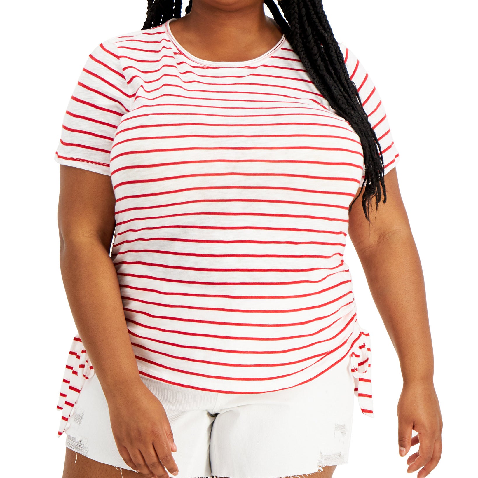 INC International Concepts Women Plus Striped Cotton Double Ruched Top Saide Stripe