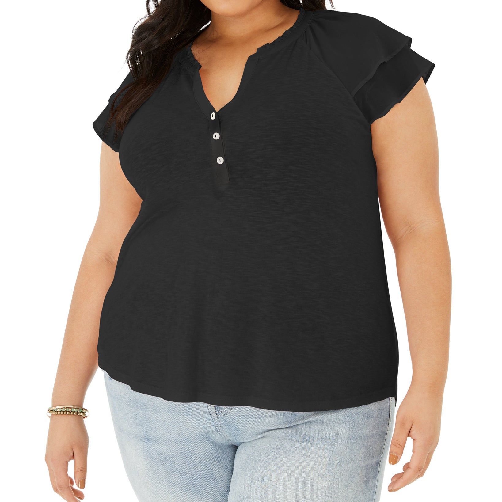 Style & Co Women Plus Flutter Sleeve Top Deep Black