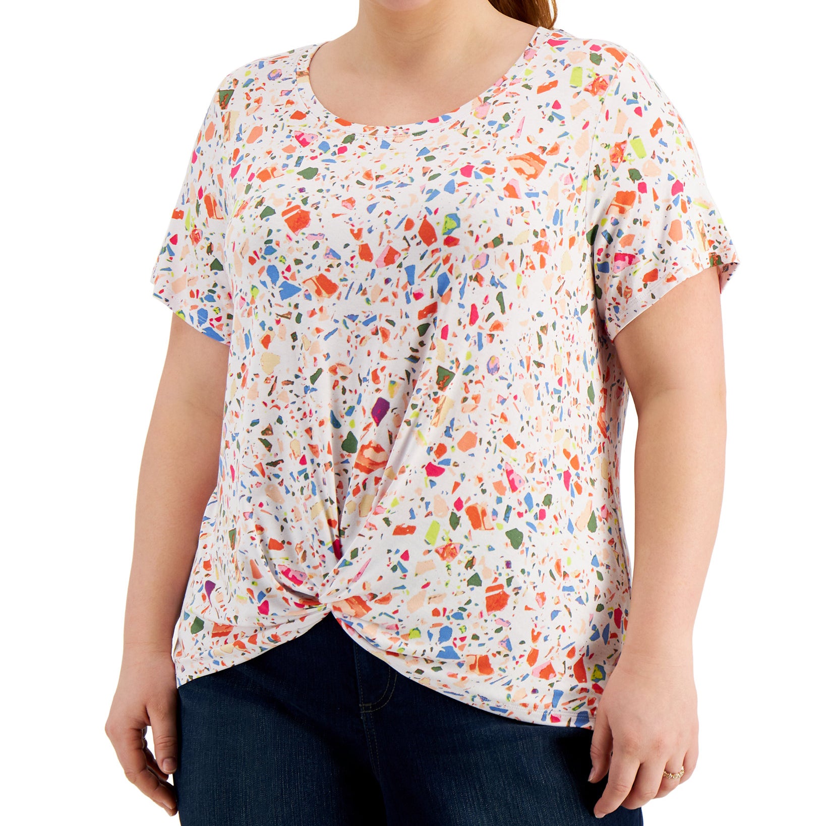 Style & Co Women Plus Printed Twist Hem Top Ocean Tiles White