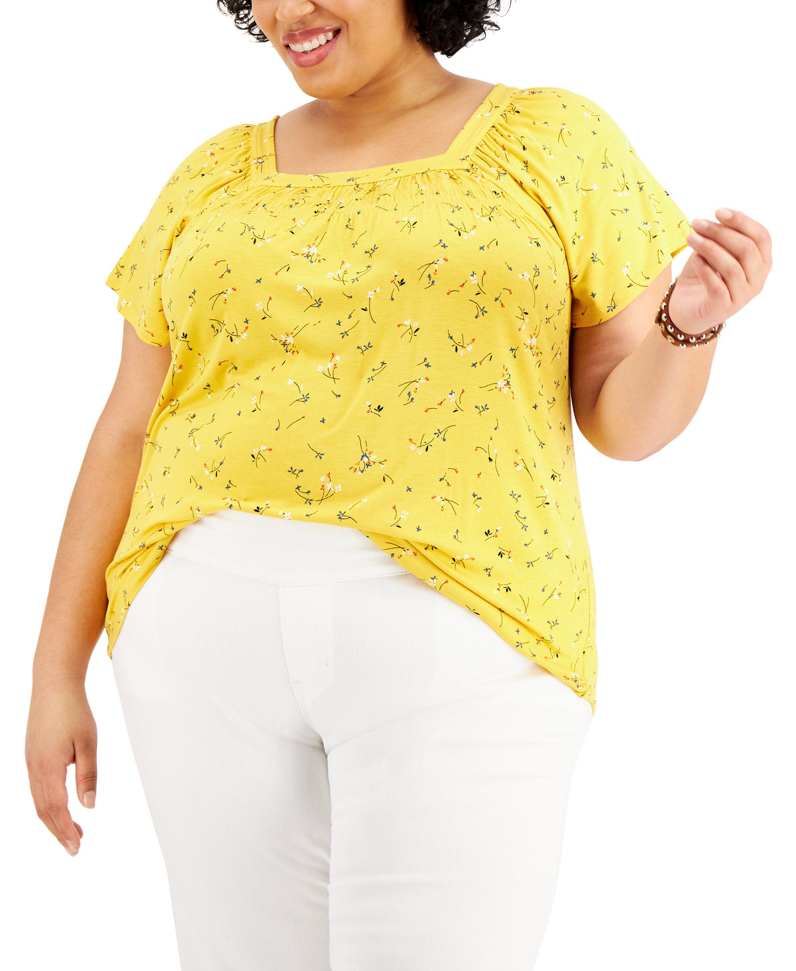 Style & Co Women Plus Printed Square Neck Top Summer Ditsy