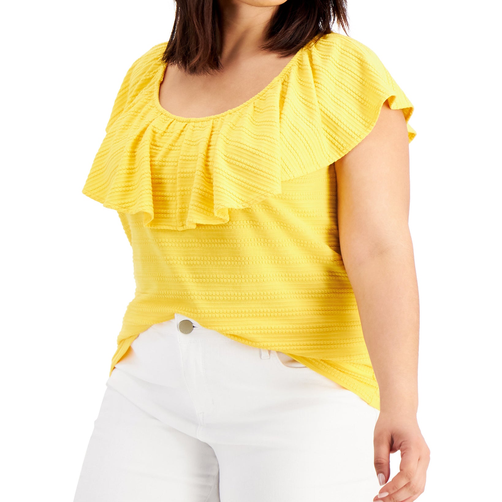 Style & Co Women Plus Textured Ruffle Neck Top Sunflower Stripe
