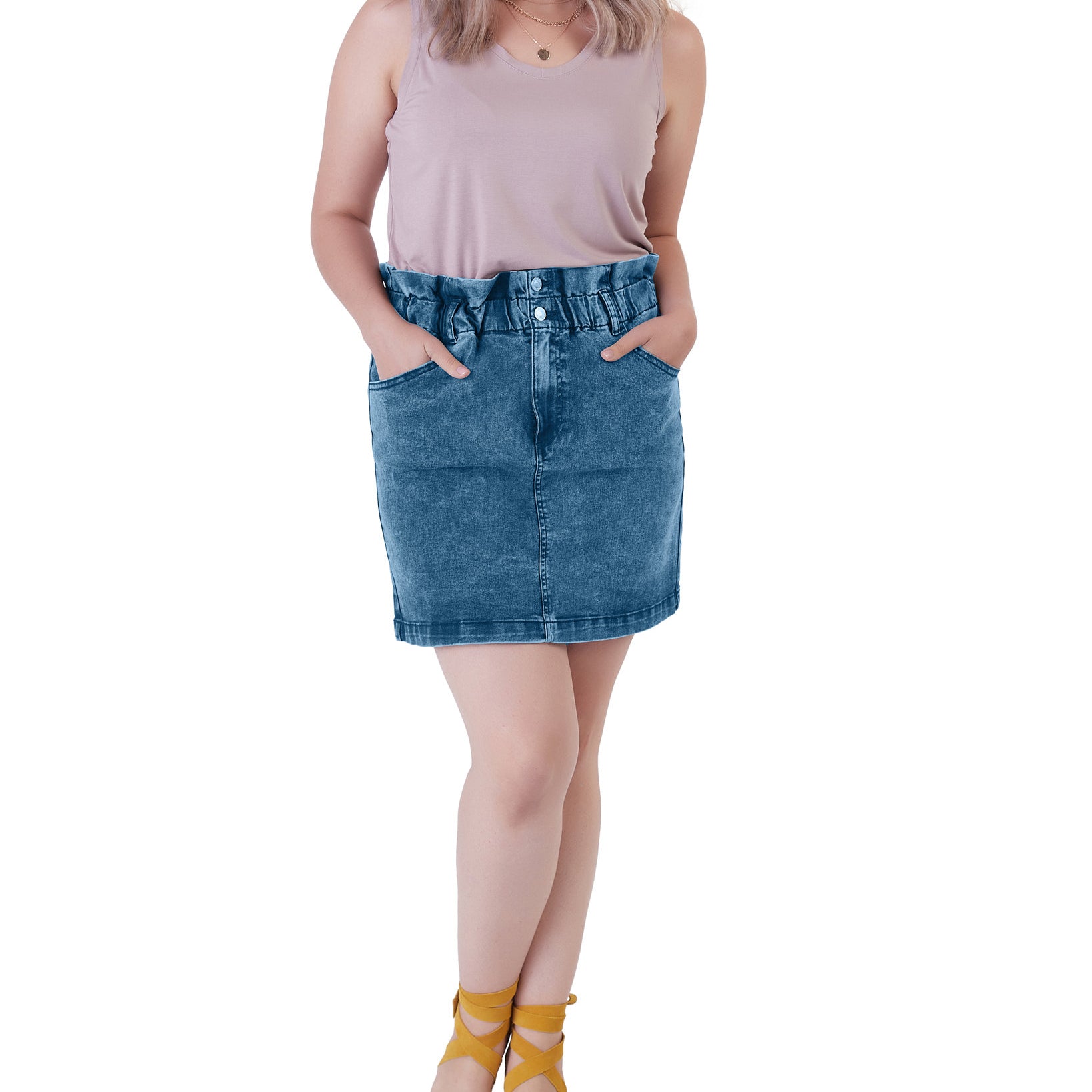 Black Tape Women Elastic Paper Bag Waist Denim Skirt Blue Wash