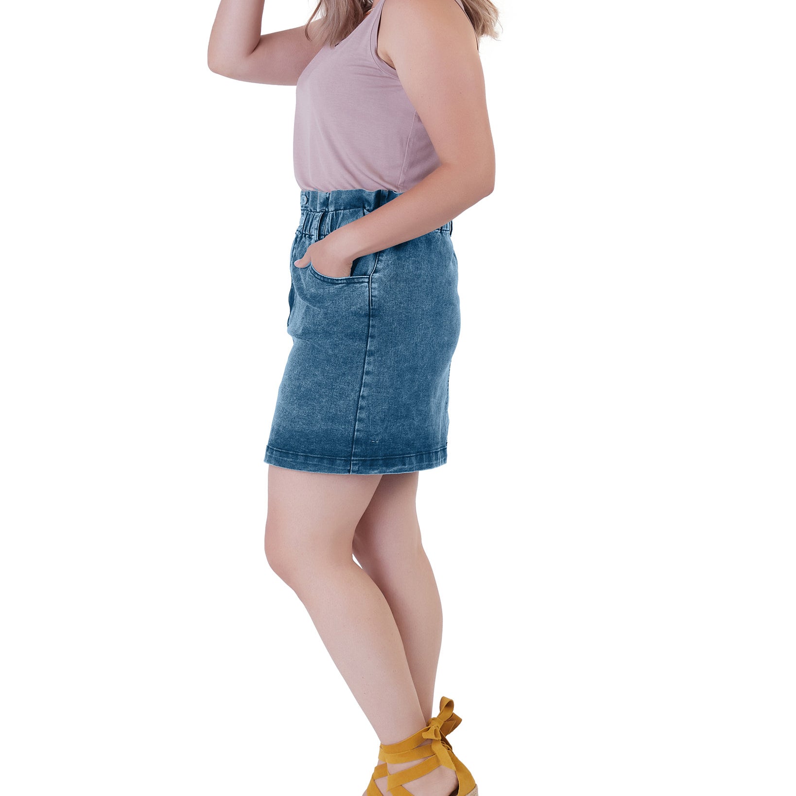 Black Tape Women Elastic Paper Bag Waist Denim Skirt