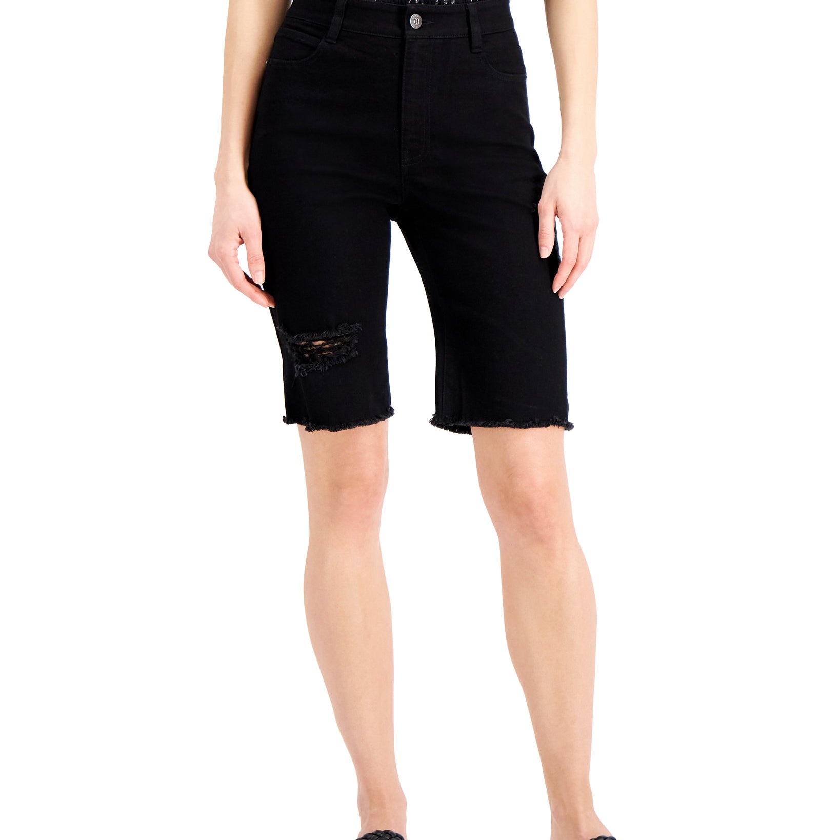 INC International Concepts Women Ripped Denim Bermuda Shorts Black