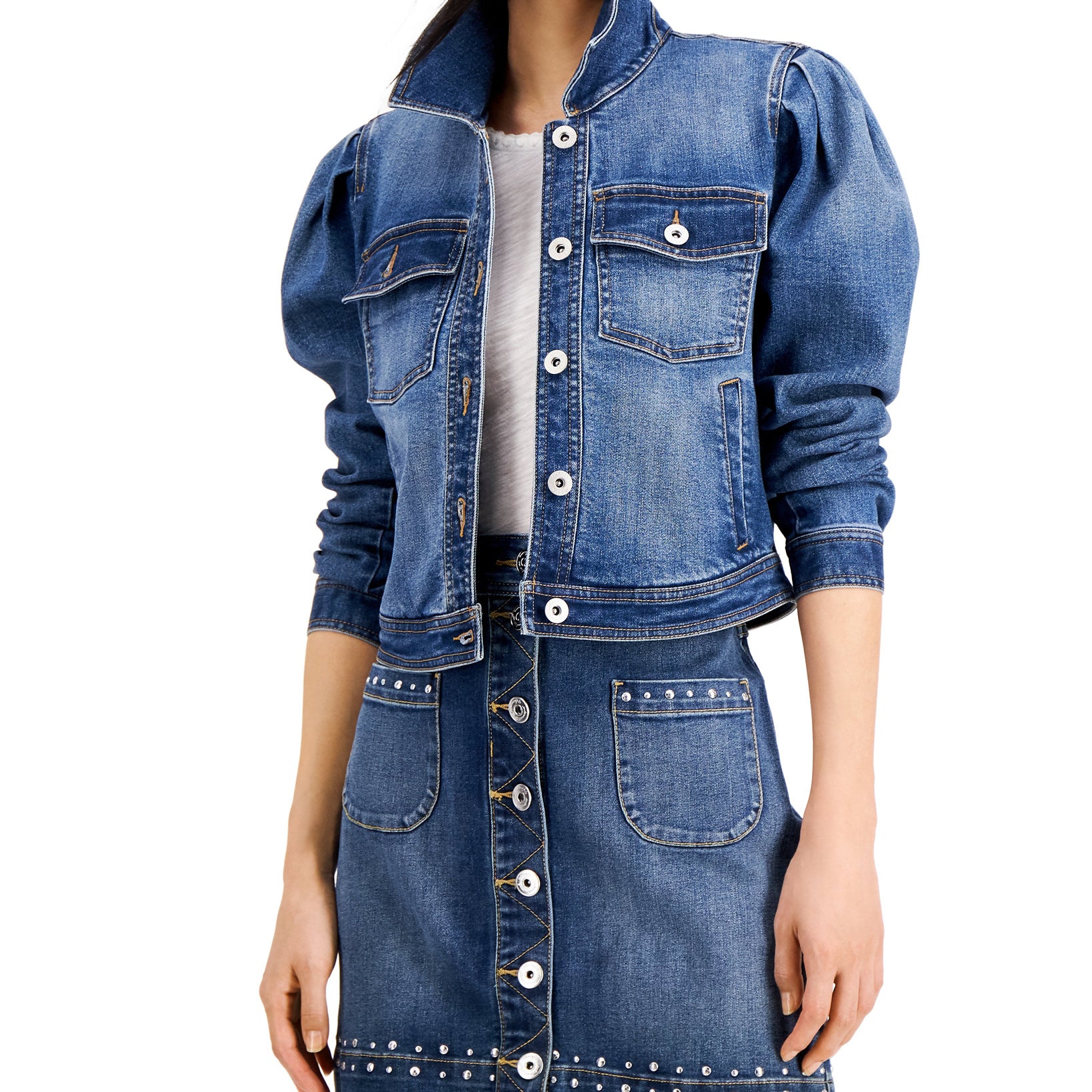 INC International Concepts Women Volume Sleeve Denim Jacket Dark Indigo