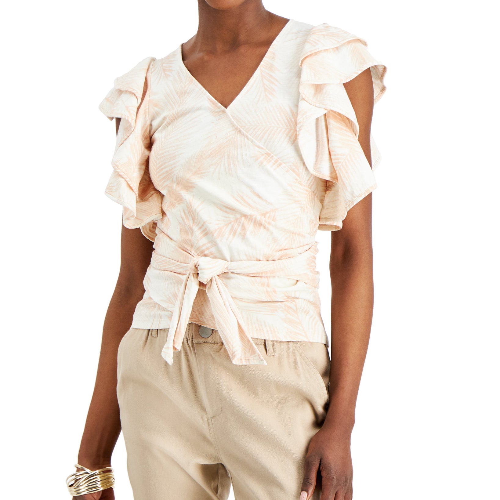 INC International Concepts Women Wrap Style Flutter Sleeve Cotton Top Summer Palm