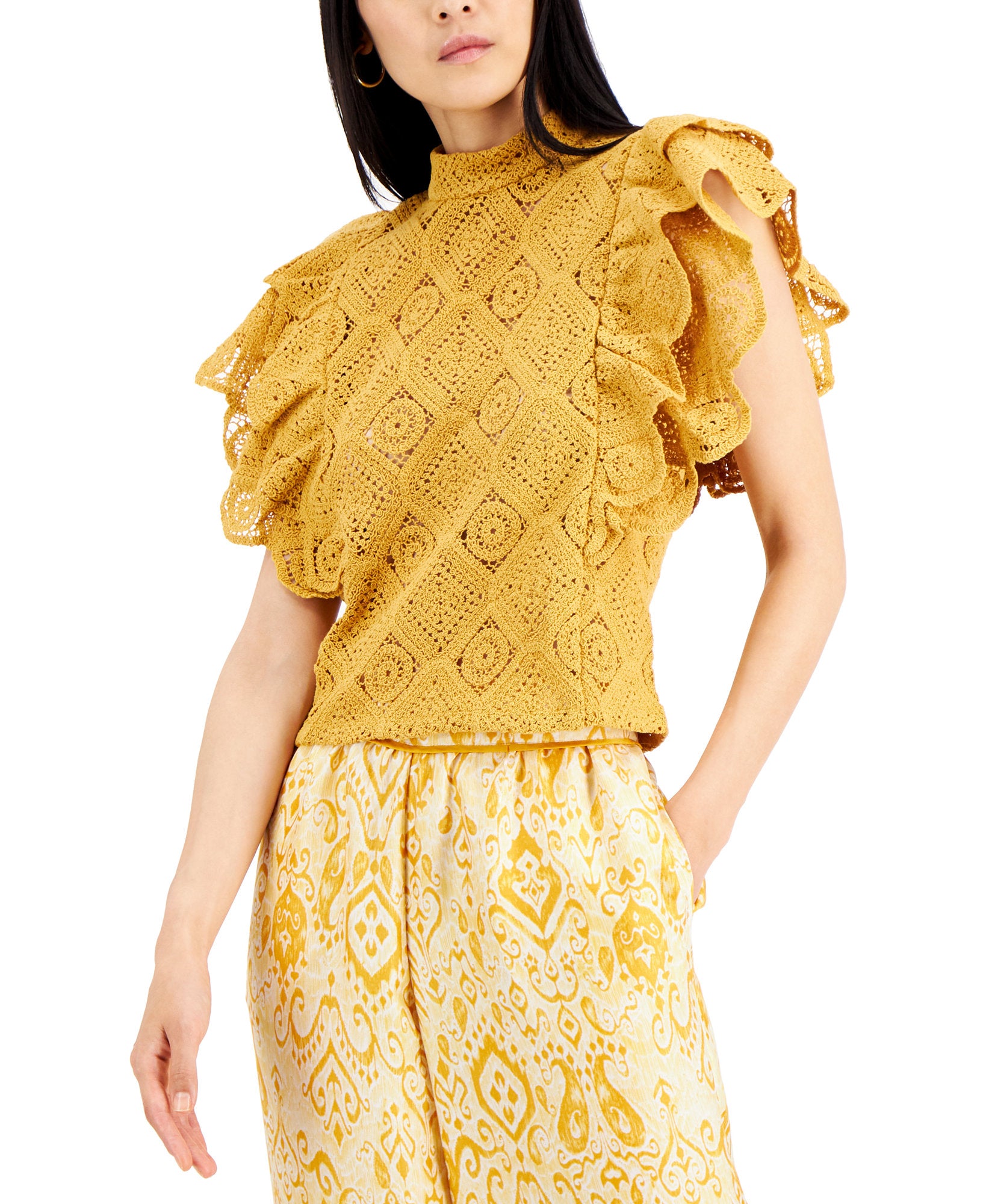 INC International Concepts Women Bubble Hem Eyelet Top Marigold