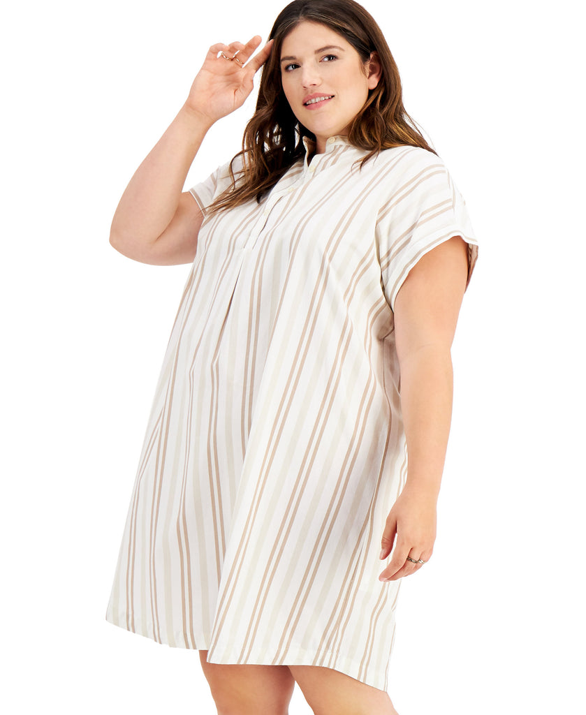 Style & Co Women Plus Cotton Striped Camp Shirtdress Lady Stripe Neutral