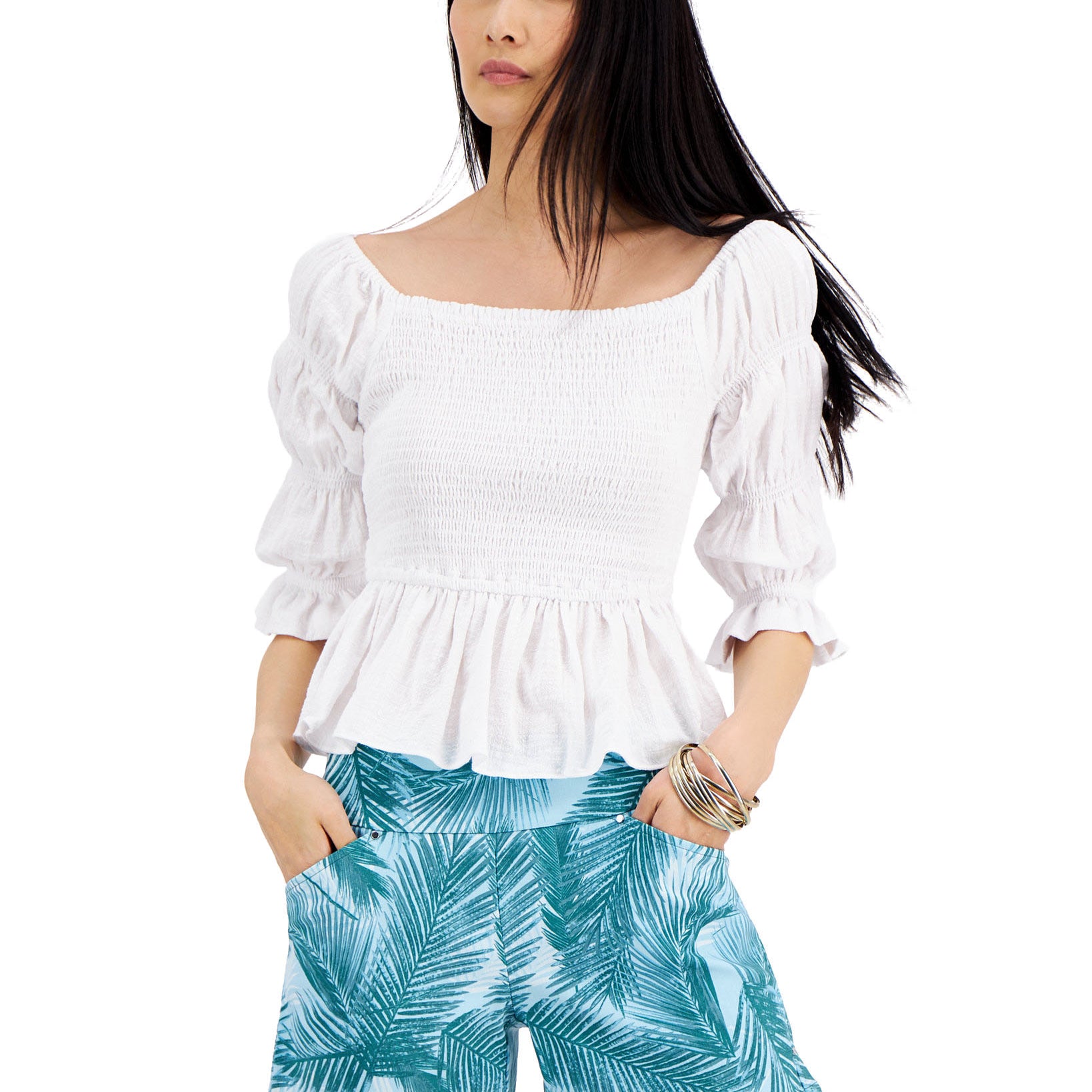INC-International-Concepts-Women-Smocked-Cotton-Blouse-Bright-White