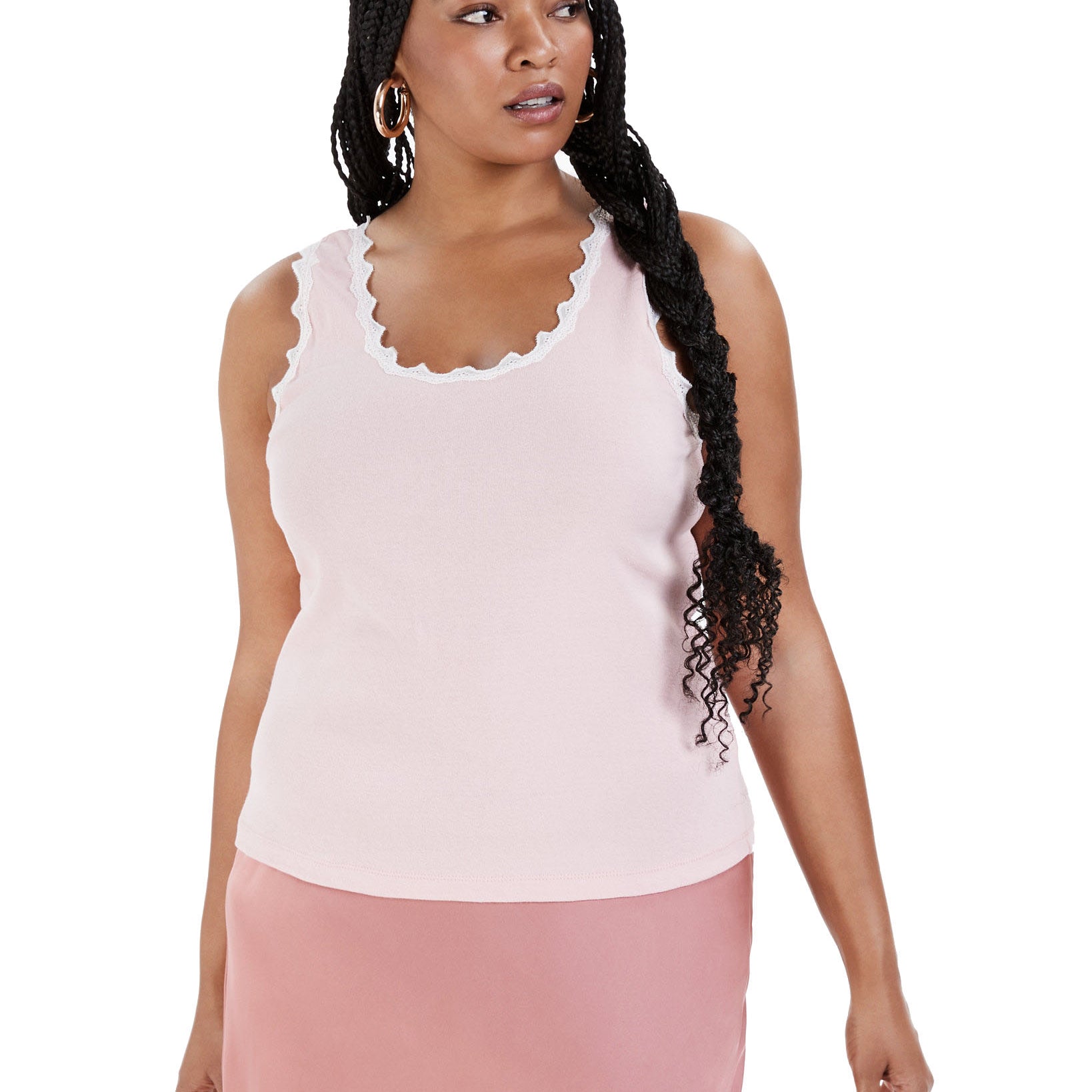 Rebellious One Women Plus Trendy Lace Trim Cotton Tank Top Pink