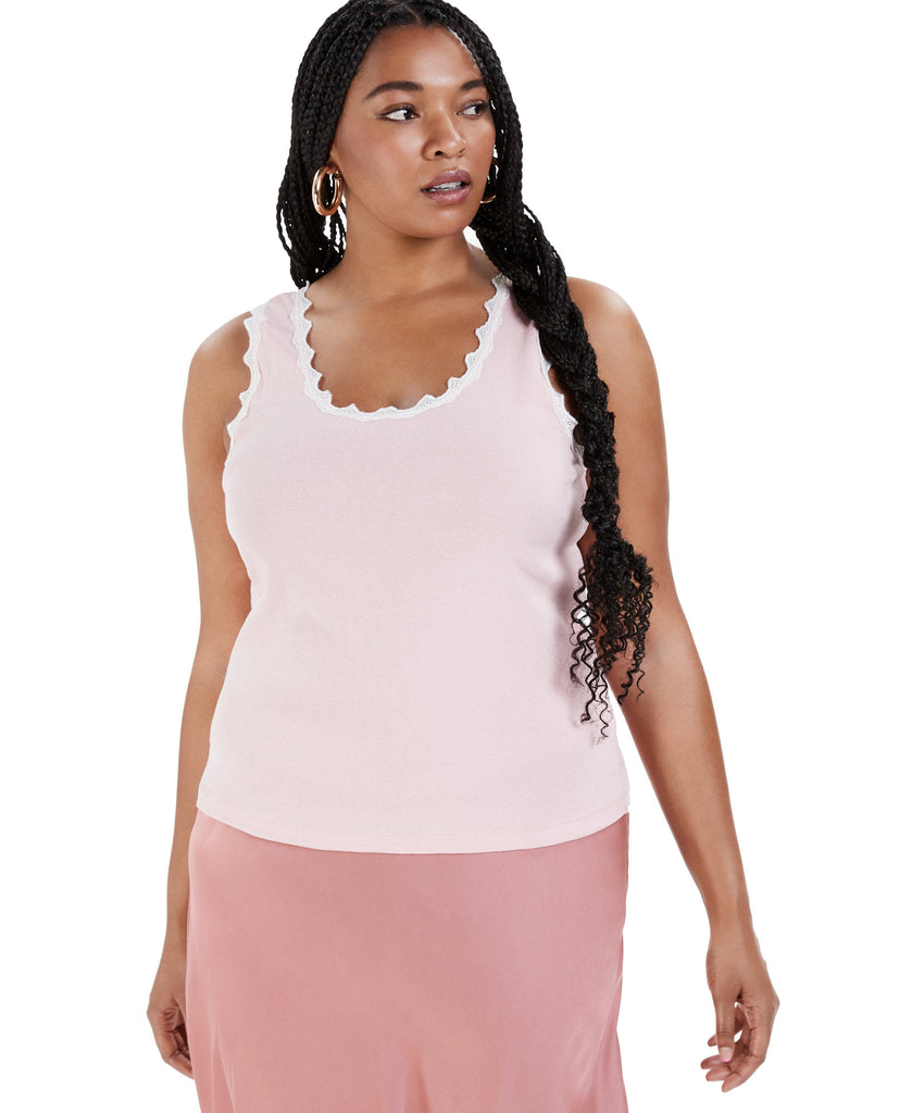 Rebellious One Women Plus Trendy Lace Trim Cotton Tank Top Pink