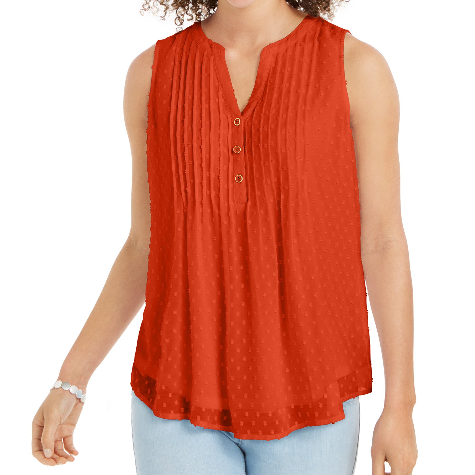 Charter Club Women Petite Pleated Clip Dot Top Aurora Orange