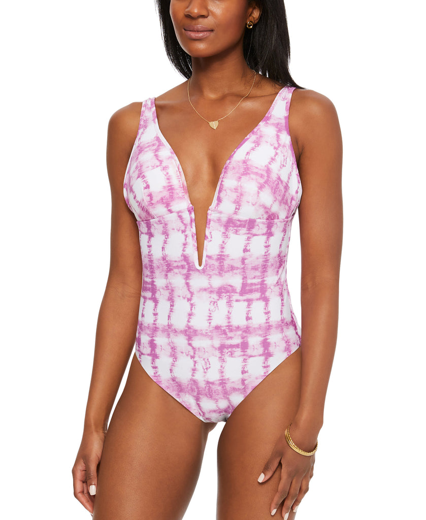 Bar III Women Summer Stripes Plunge One Piece Swimsuit Purple Fuchsia