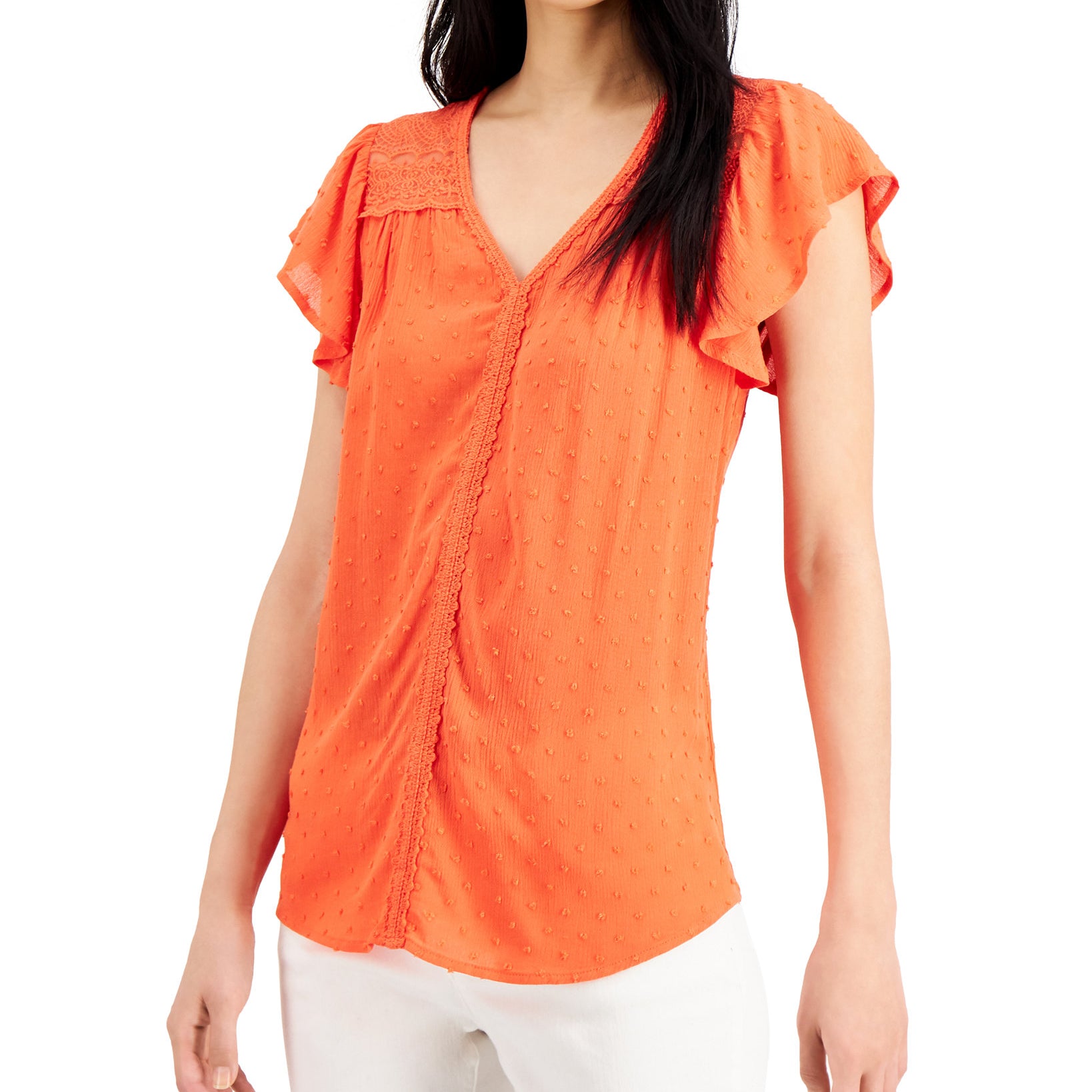 JPR Studio Women Lace Trim Blouse Sunset Red