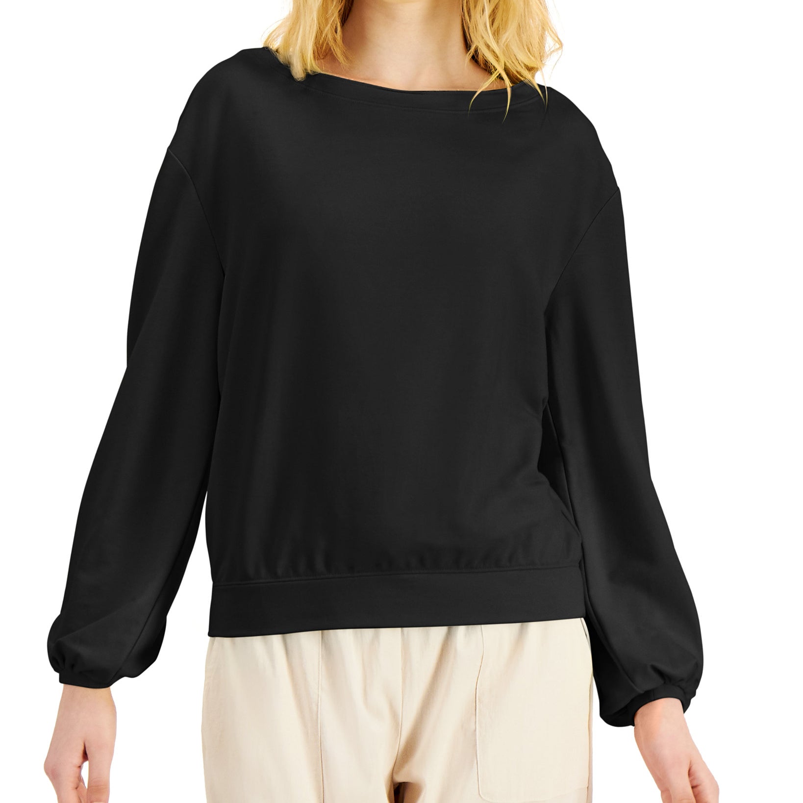 INC International Concepts Women EARTH Drop Shoulder Sweatshirt Deep Black