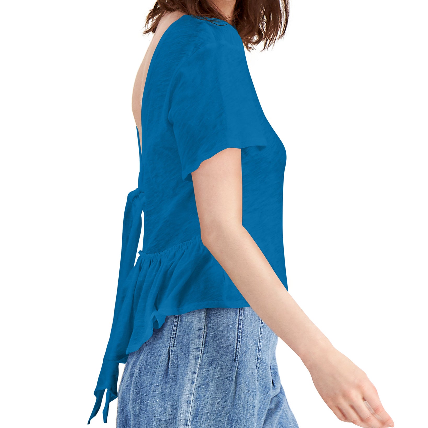 INC International Concepts Women Cotton Tie Back Ruffled Top Resort Blue