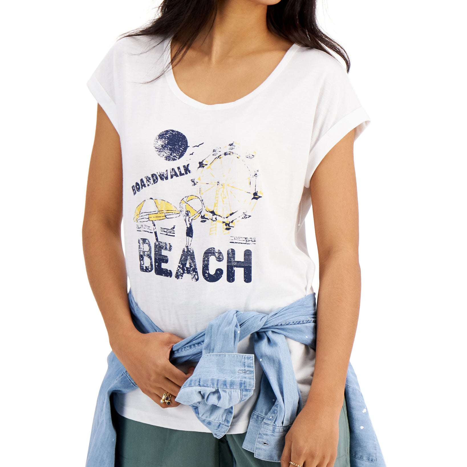 Style & Co Women Boardwalk Beach Graphic T Shirt Boardwalk White