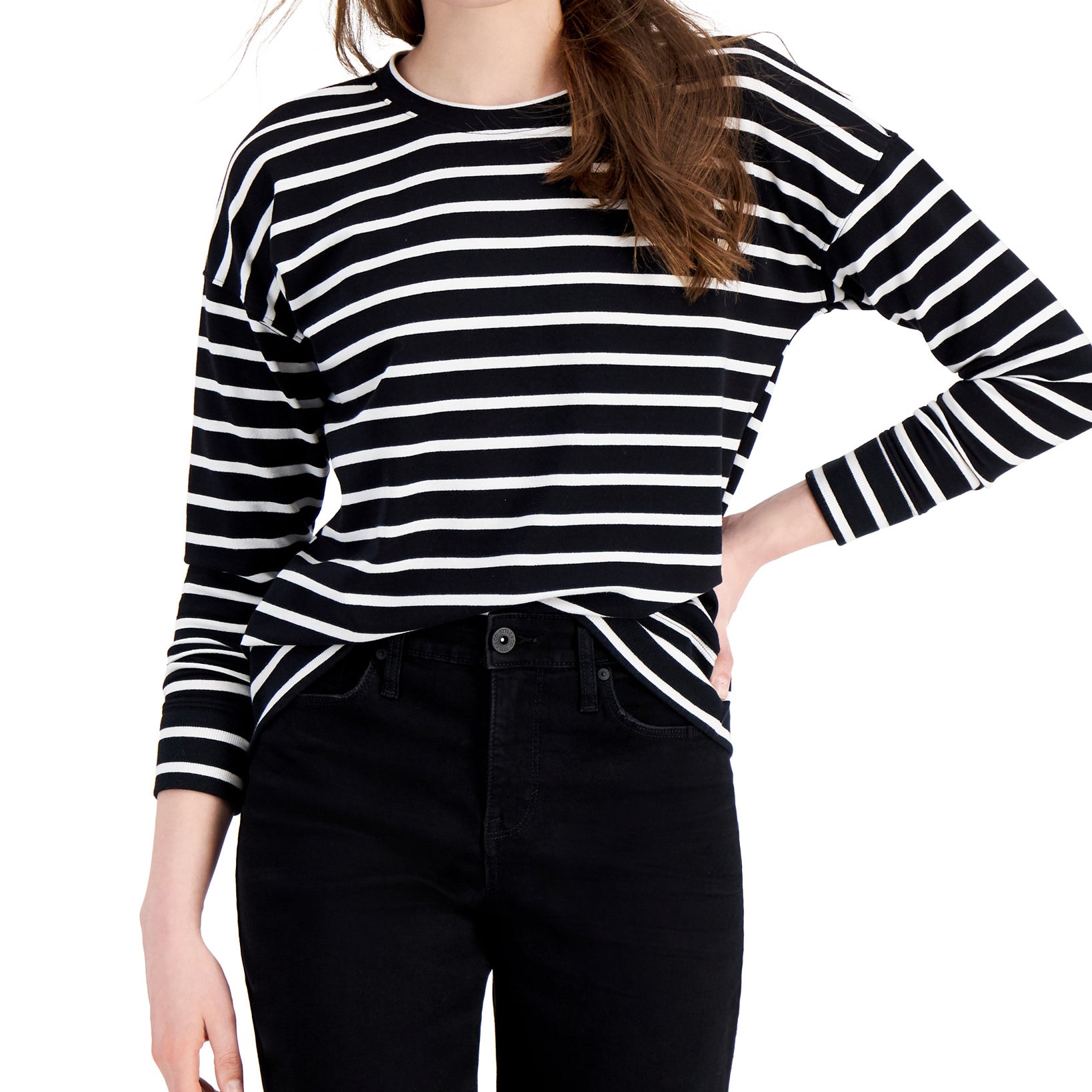 Style & Co Women Striped Classic Crew Sweatshirt Black Stripe