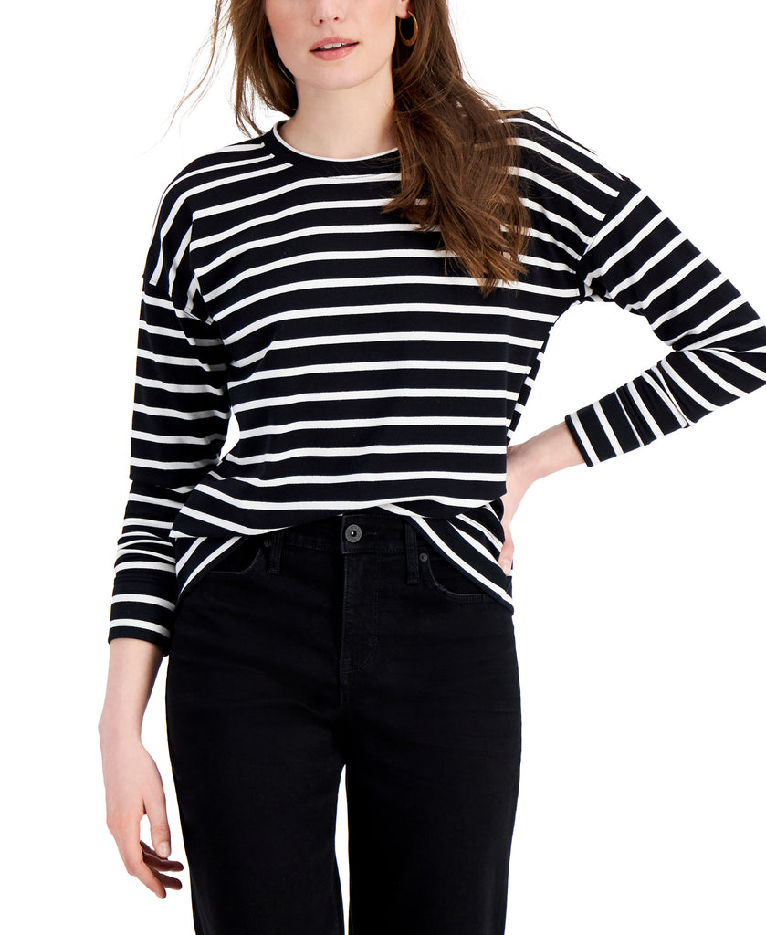 Style & Co Women Striped Classic Crew Sweatshirt Black Stripe