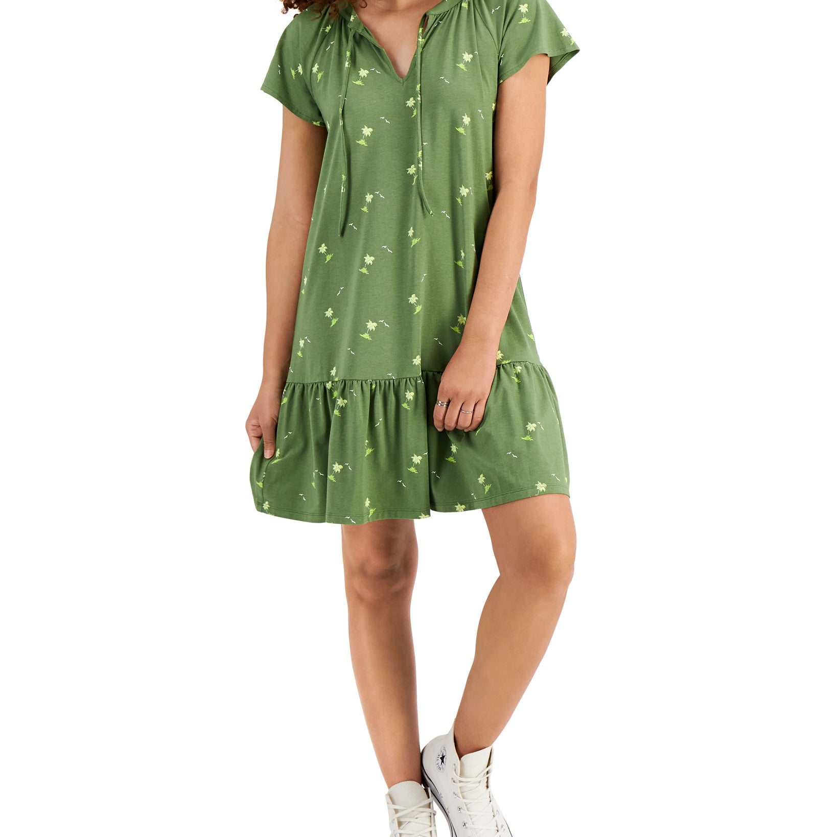 Style & Co Women Petite Flutter Sleeve Printed Dress Vine Green