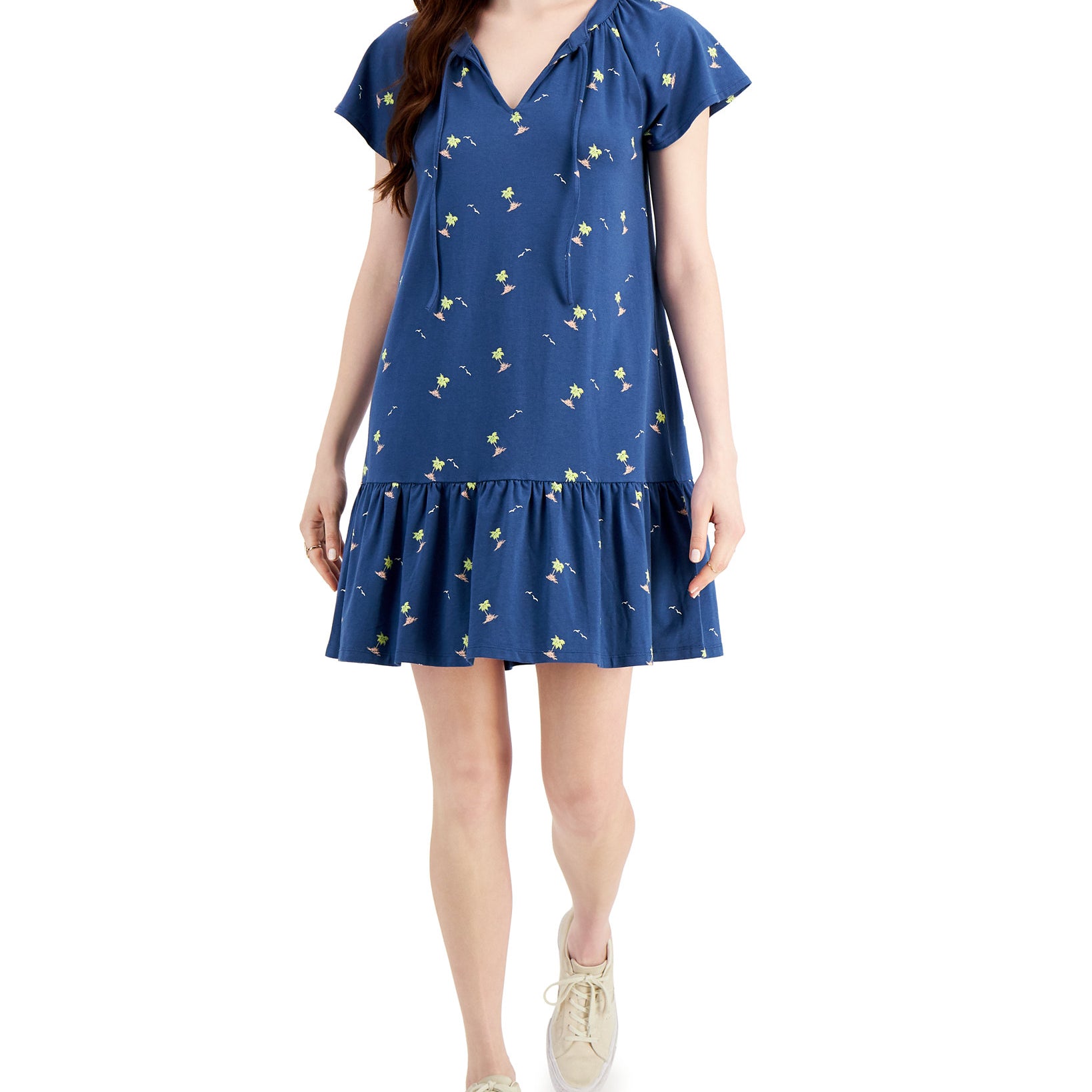 Style & Co Women Petite Flutter Sleeve Printed Dress Deep Harbor