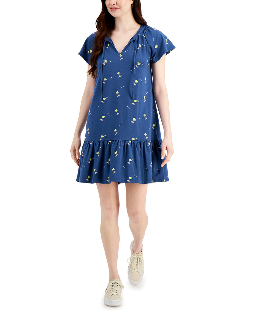 Style & Co Women Petite Flutter Sleeve Printed Dress Deep Harbor