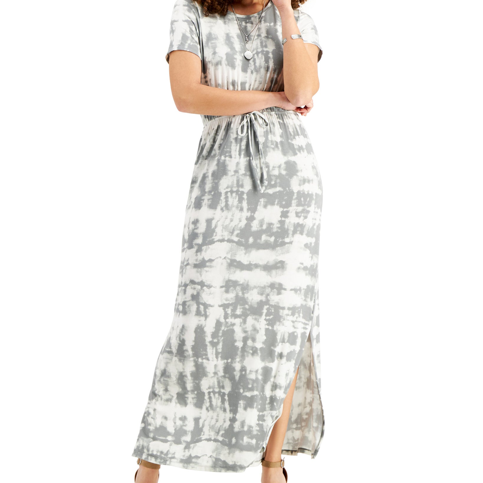 Style & Co Women Printed Drawstring Waist Maxi Dress Grey Tropical