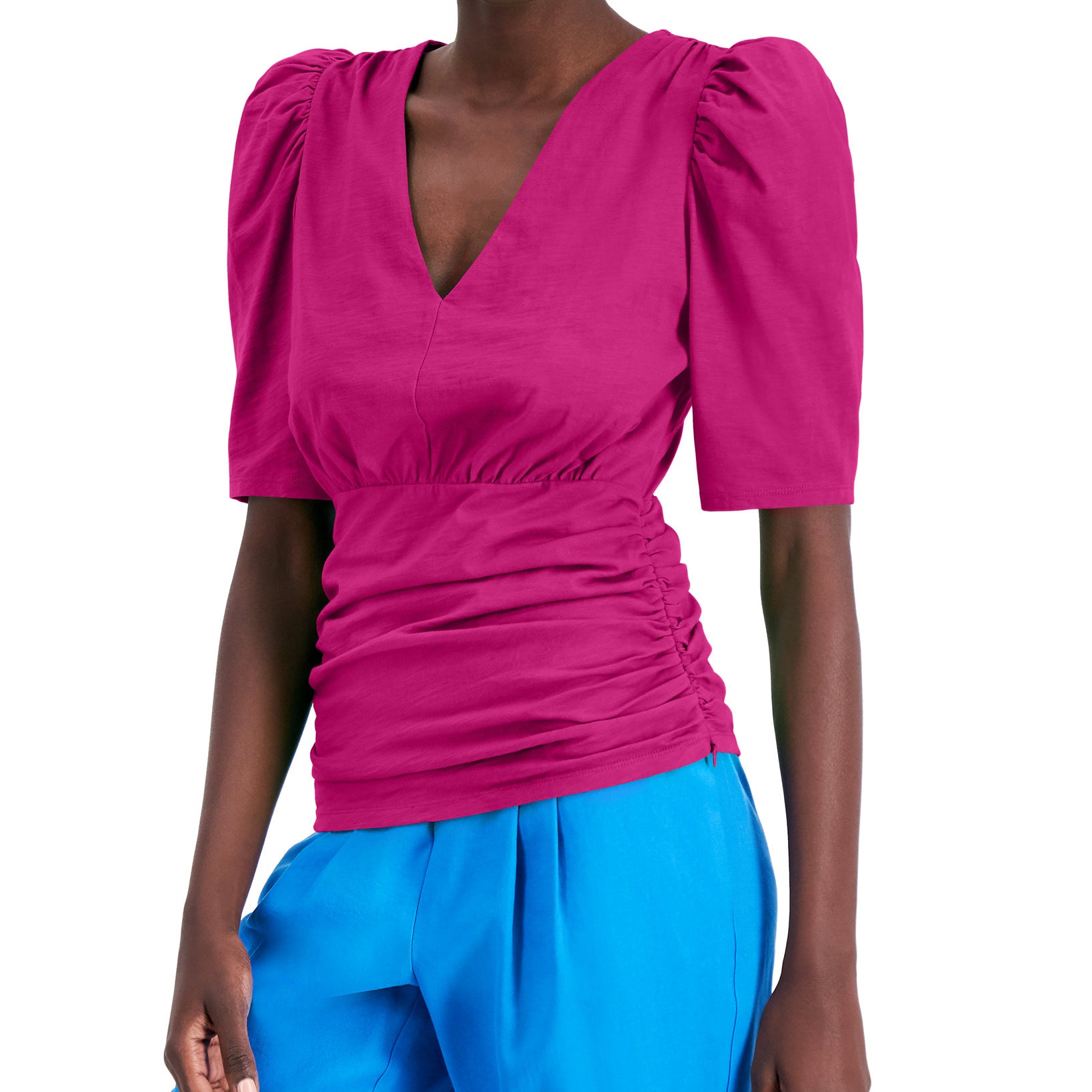 INC International Concepts Women Ruched V Neck Top Jazzy Pink