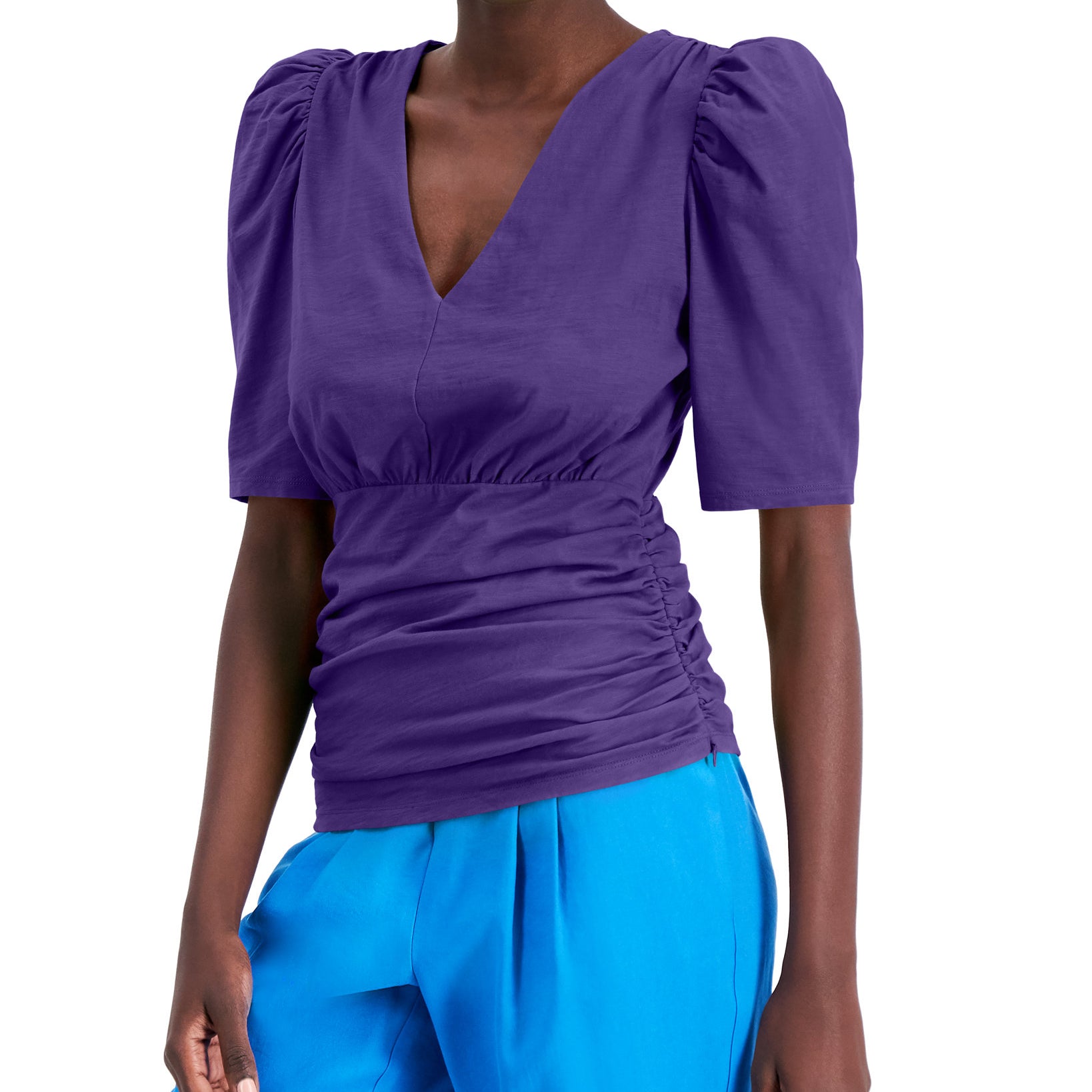 INC International Concepts Women Ruched V Neck Top Purple Lily