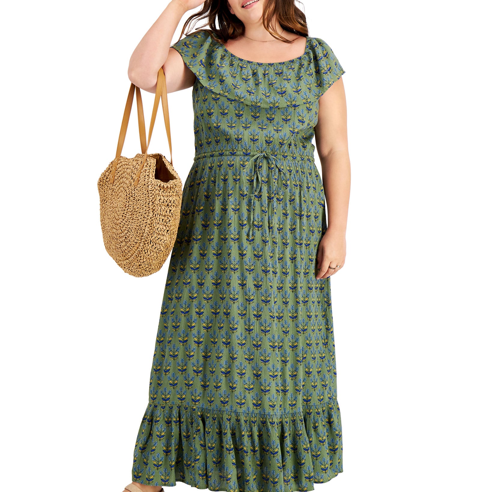 Style & Co Women Plus On Off Shoulder Maxi Dress Vine Green Combo