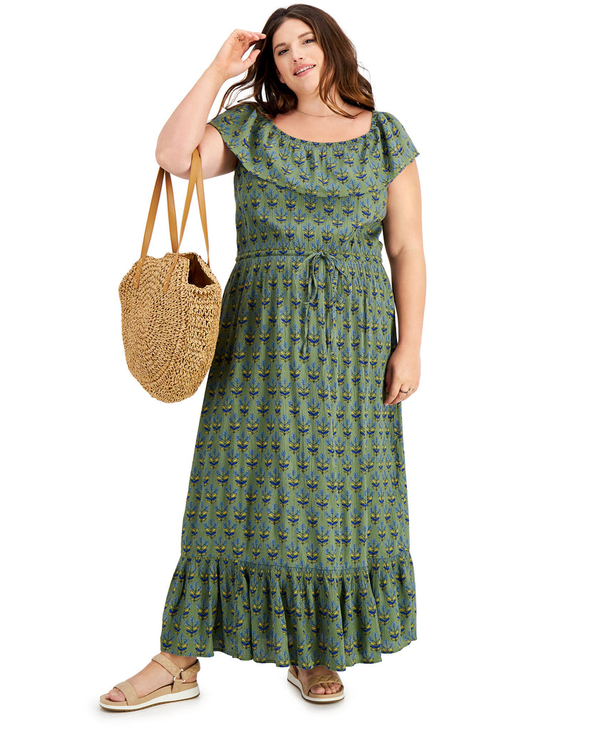 Style & Co Women Plus On Off Shoulder Maxi Dress Vine Green Combo