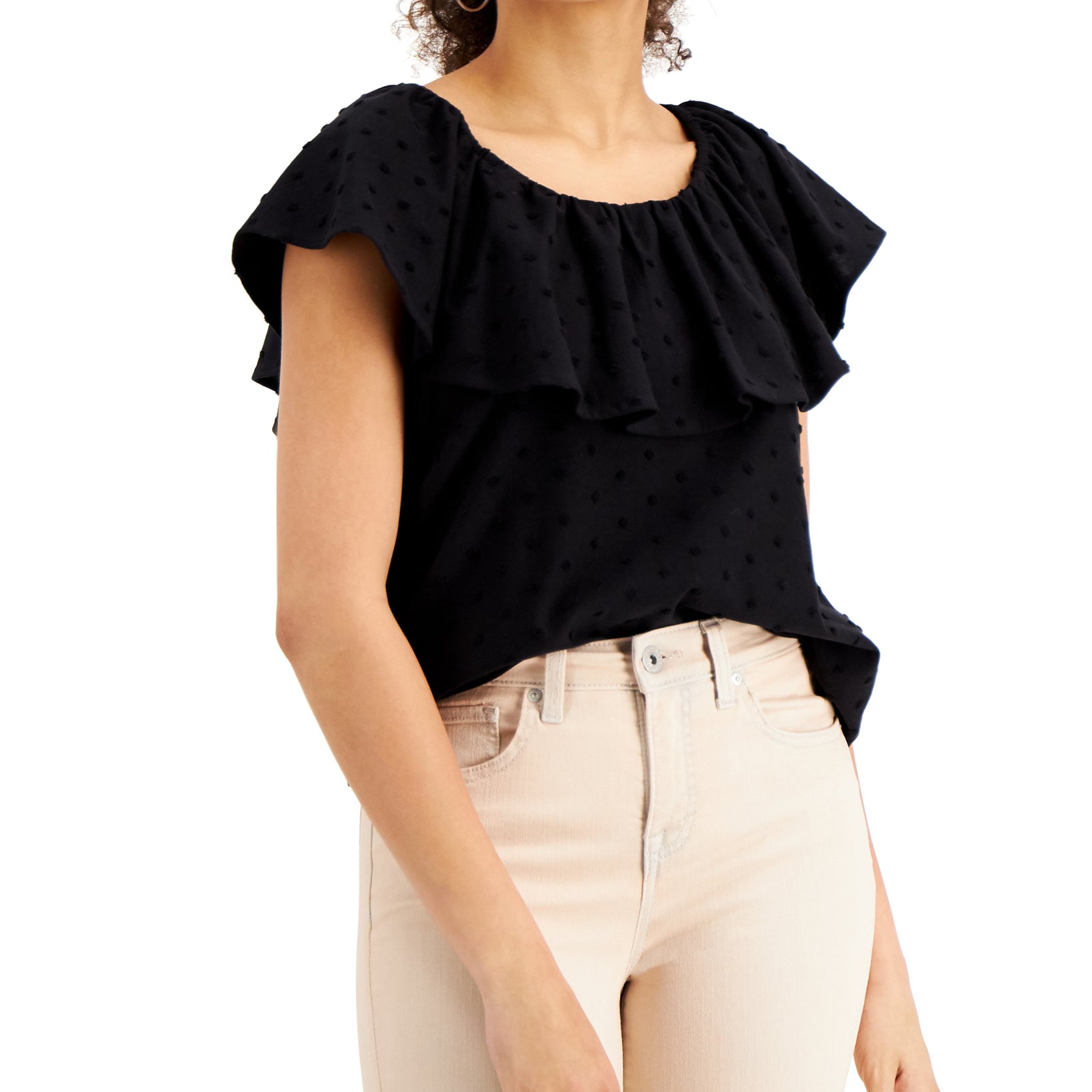 Style & Co Women Ruffle Neck Top Deep Black