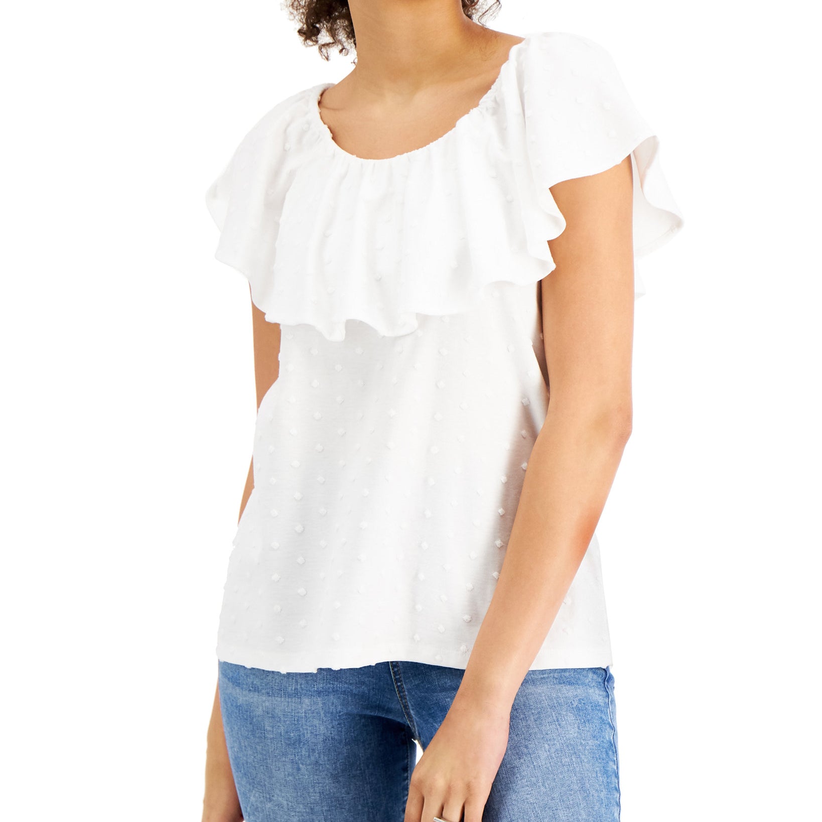 Style & Co Women Ruffle Neck Top Bright White